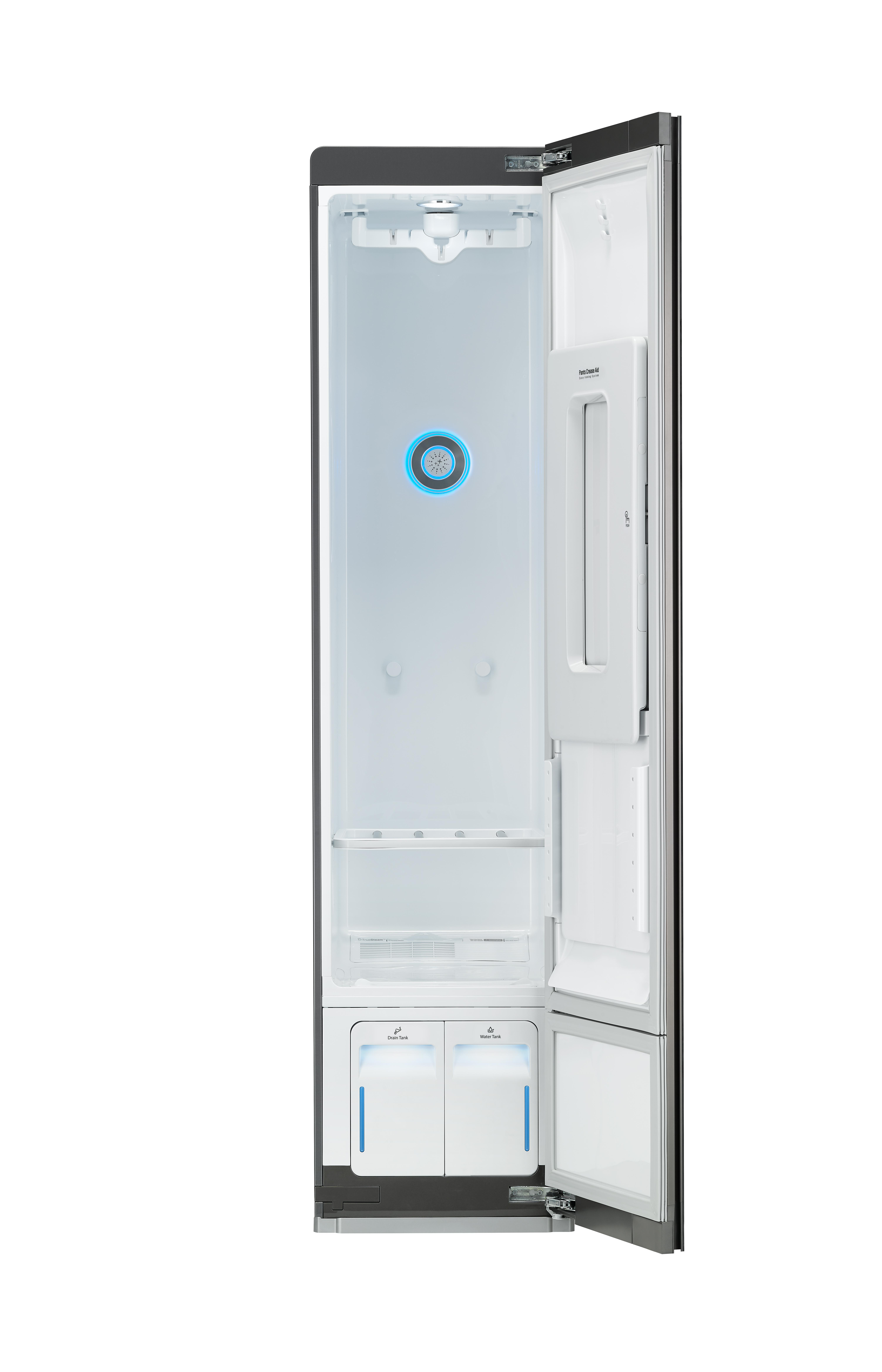 Ein offener LG-Kühlschrank. Die Innenseite ist weiß mit Regalen und Schubladen.