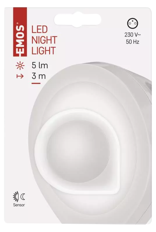 Egy fehér LED-es éjszakai fény szöveggel és műszaki adatokkal a csomagoláson.