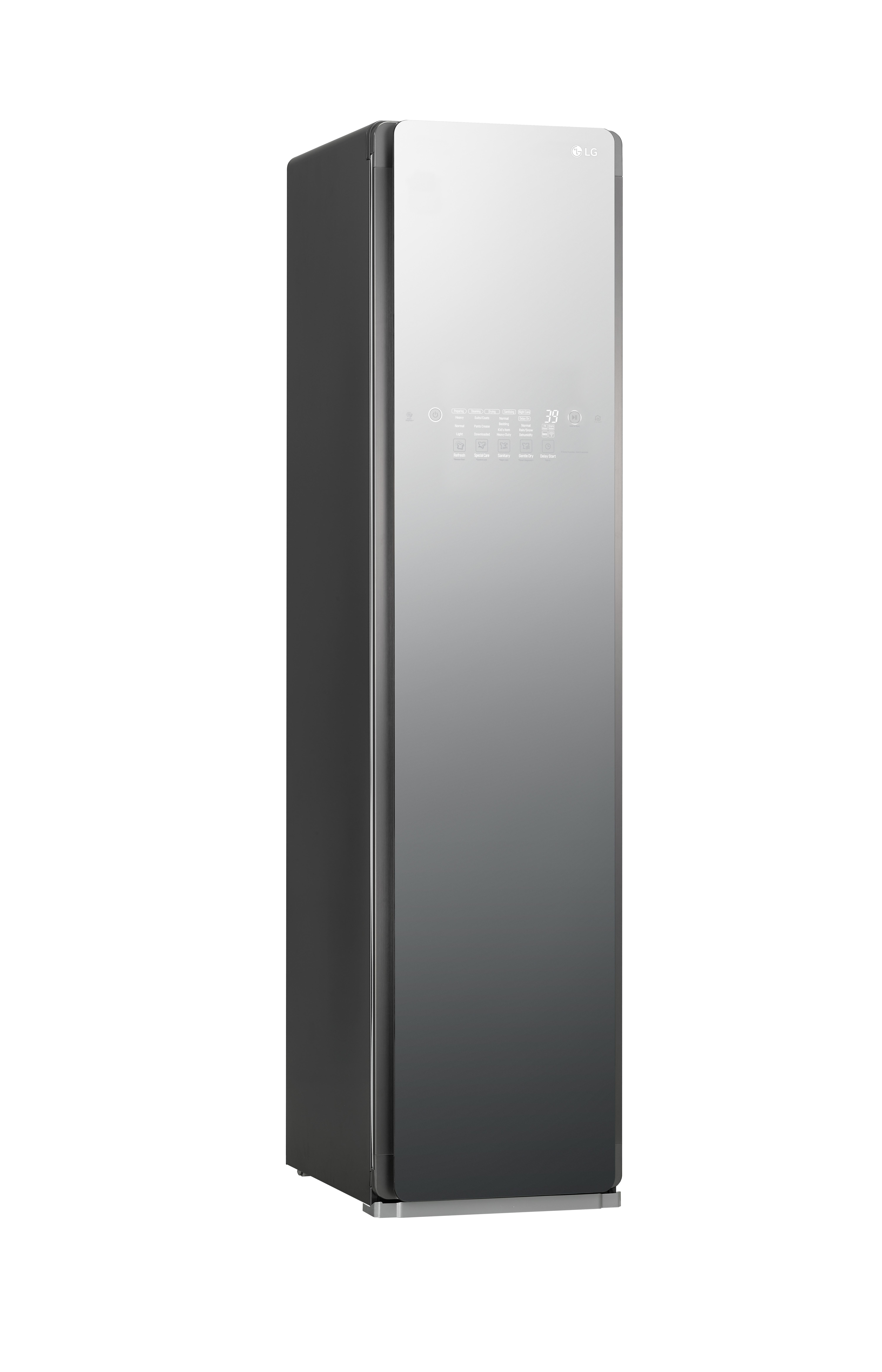LG Styler, ein hohes, schwarzes Gerät mit Spiegeltür, weißer Hintergrund.