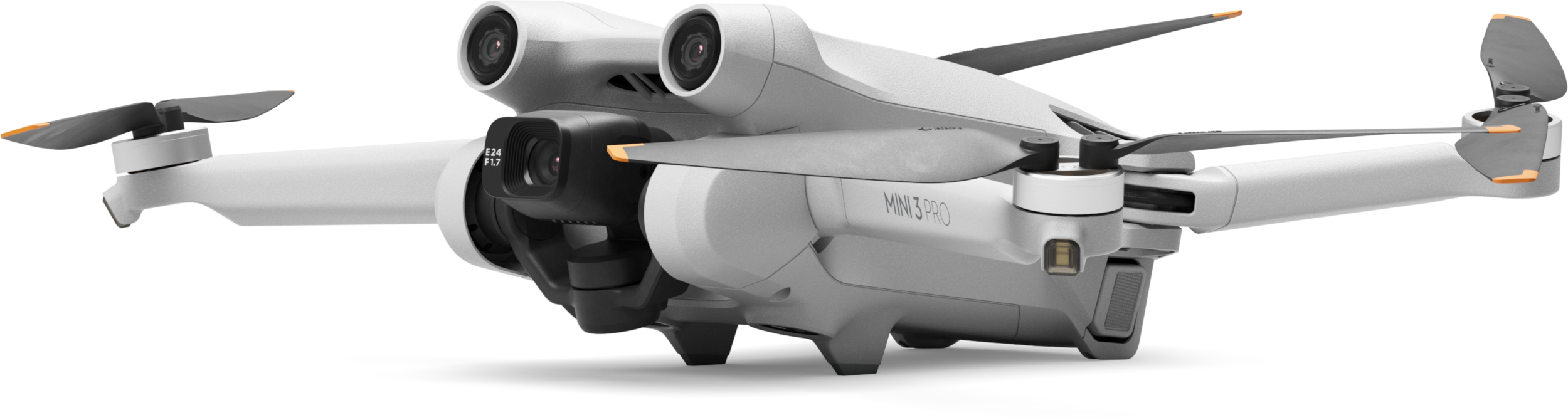 Eine weiße Drohne mit vier Propellern, mehreren Kameras und dem Text 'Mini 3 Pro'.