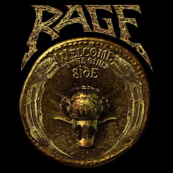 Goldenes Albumcover mit "RAGE" und einem schädelartigen Emblem, Text: Welcome to the Other Side, auf schwarzem Hintergrund.