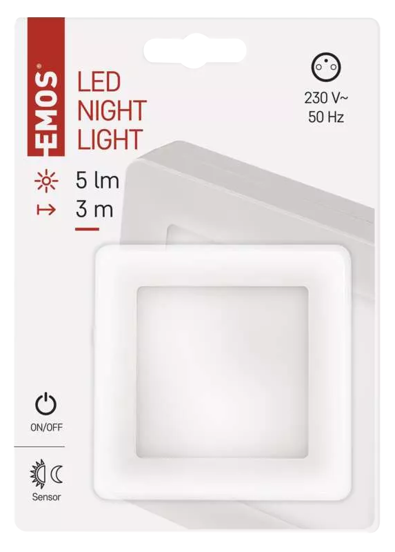 Fehér LED-es éjszakai fény csomagolása, a termékkel, a specifikációkkal és az EMOS márkával.
