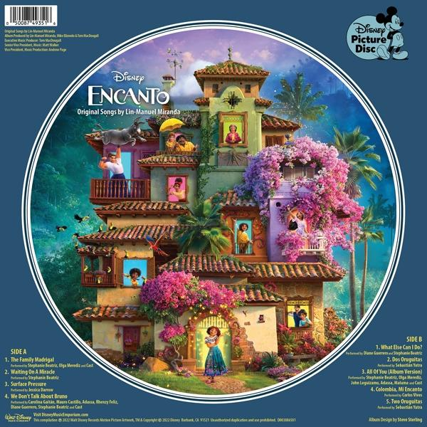 Encanto-Vinylplatte. Bild eines bunten Gebäudes, Charaktere und Musikdetails.
