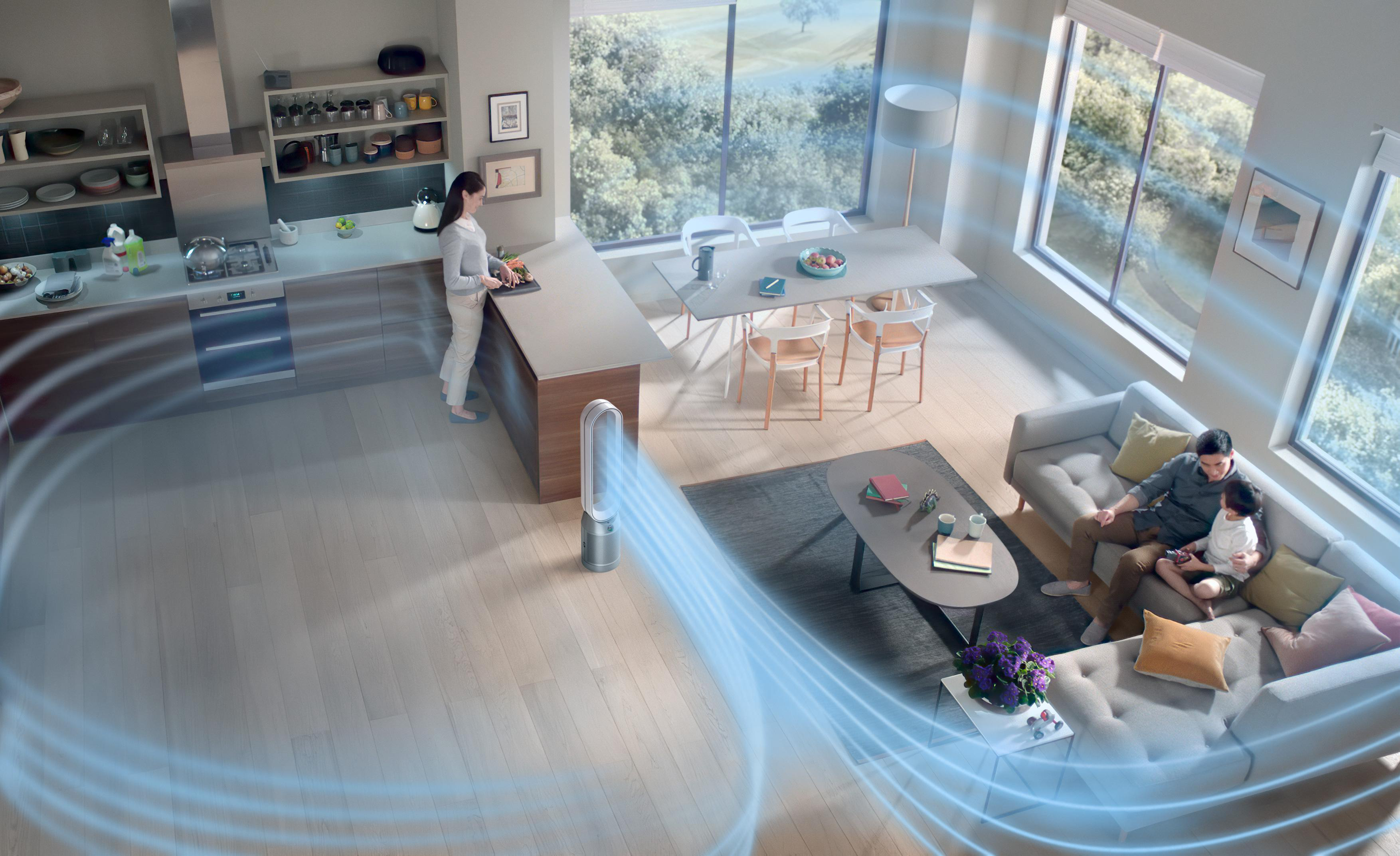 Draufsicht auf moderne Küche und Wohnzimmer. Ein Ventilator ist eingeschaltet.