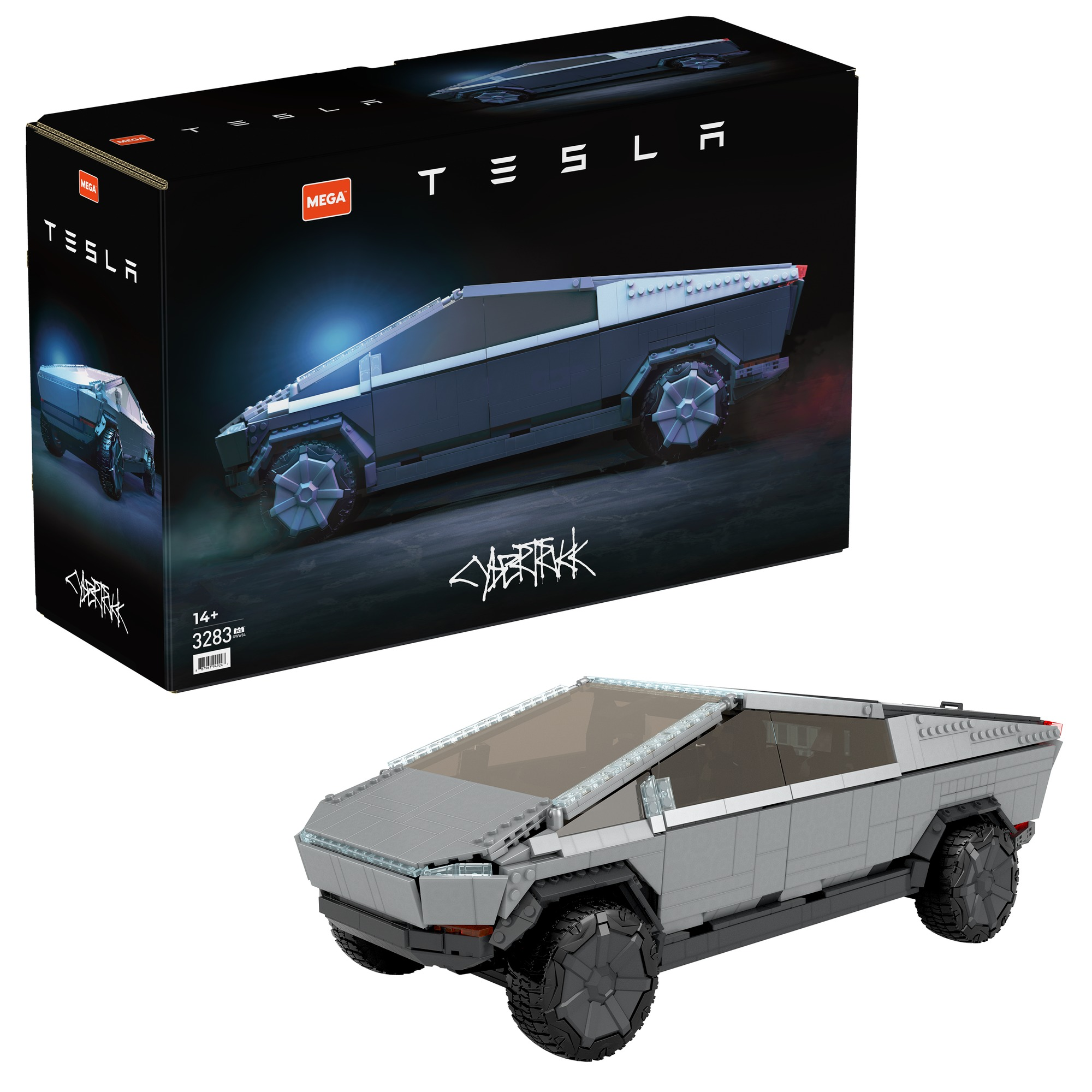 Tesla Cybertruck Lego-Set. Die Box zeigt den Truck. Der Truck ist grau mit schwarzen Rädern.