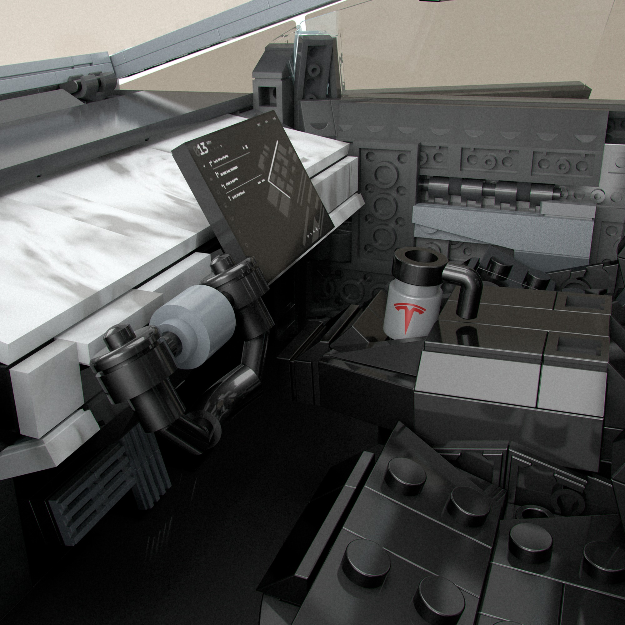 Ein LEGO-Modell eines Auto-Innenraums mit Tablet und Tasse in Schwarz-Weiß-Schema.