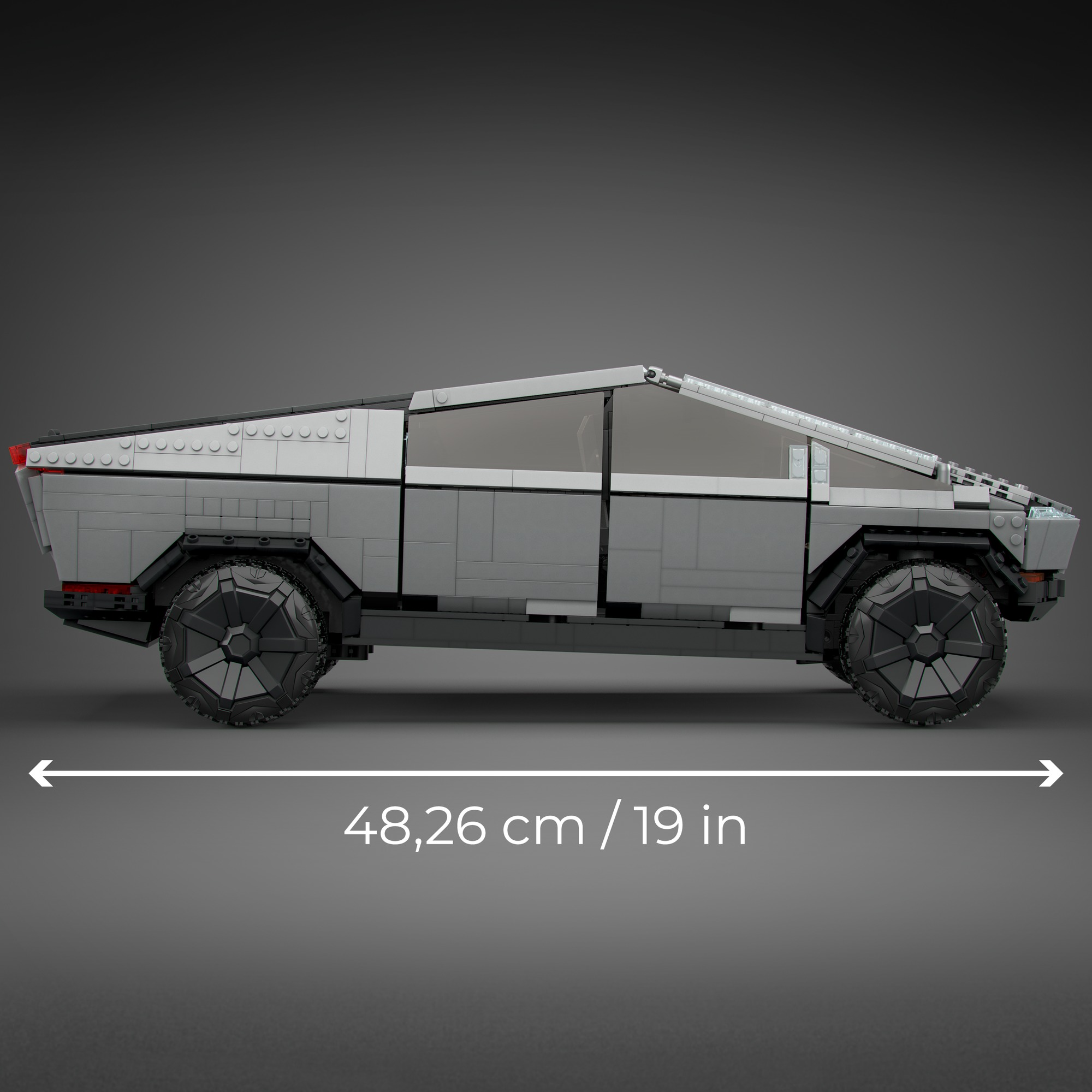 Lego-Modell eines Cybertrucks, grau, mit den Abmessungen 48,26 cm / 19 Zoll.