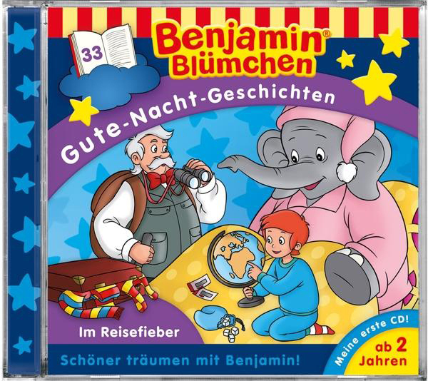 Benjamin Blümchen CD-Cover mit einem Mann, Elefanten in rosa Pyjama und einem Kind, das auf einen Globus zeigt.