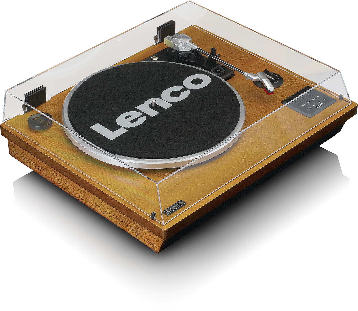 Houten Lenco platenspeler met transparante hoes. Zwarte vinylplaat.