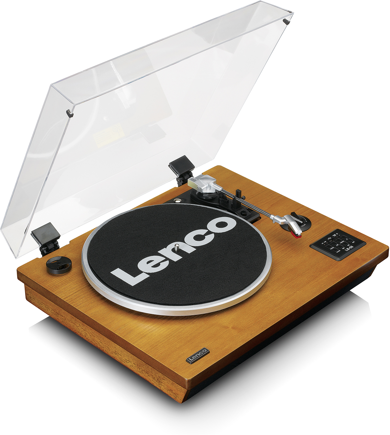 Houten platenspeler met een doorzichtige kap. Merk Lenco, met knoppen en een plaat.