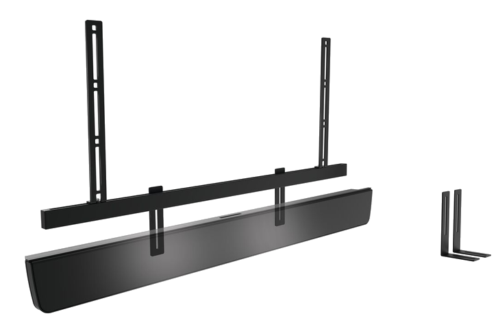 Fekete soundbar rögzítő hardver készlet, fekete rögzítőkonzolokkal és fémrudakkal.