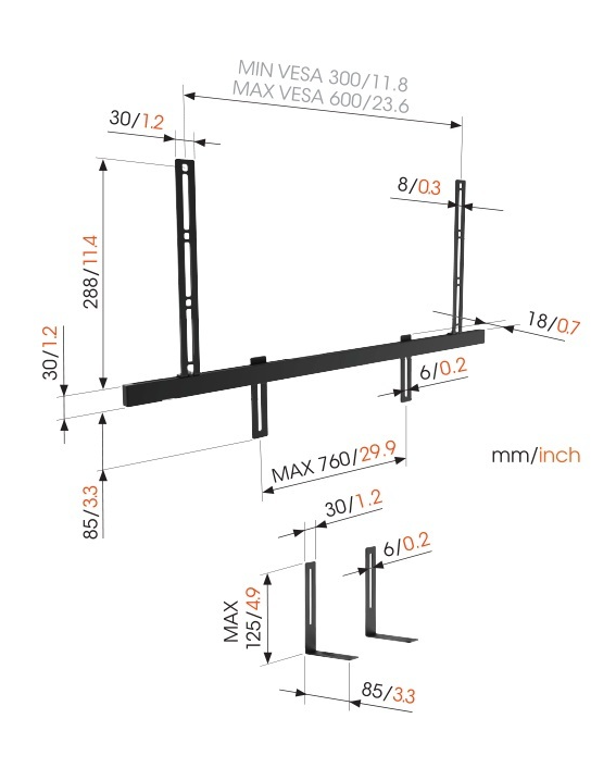 Diagram fekete fém tartókkal és méretekkel mm/hüvelykben.