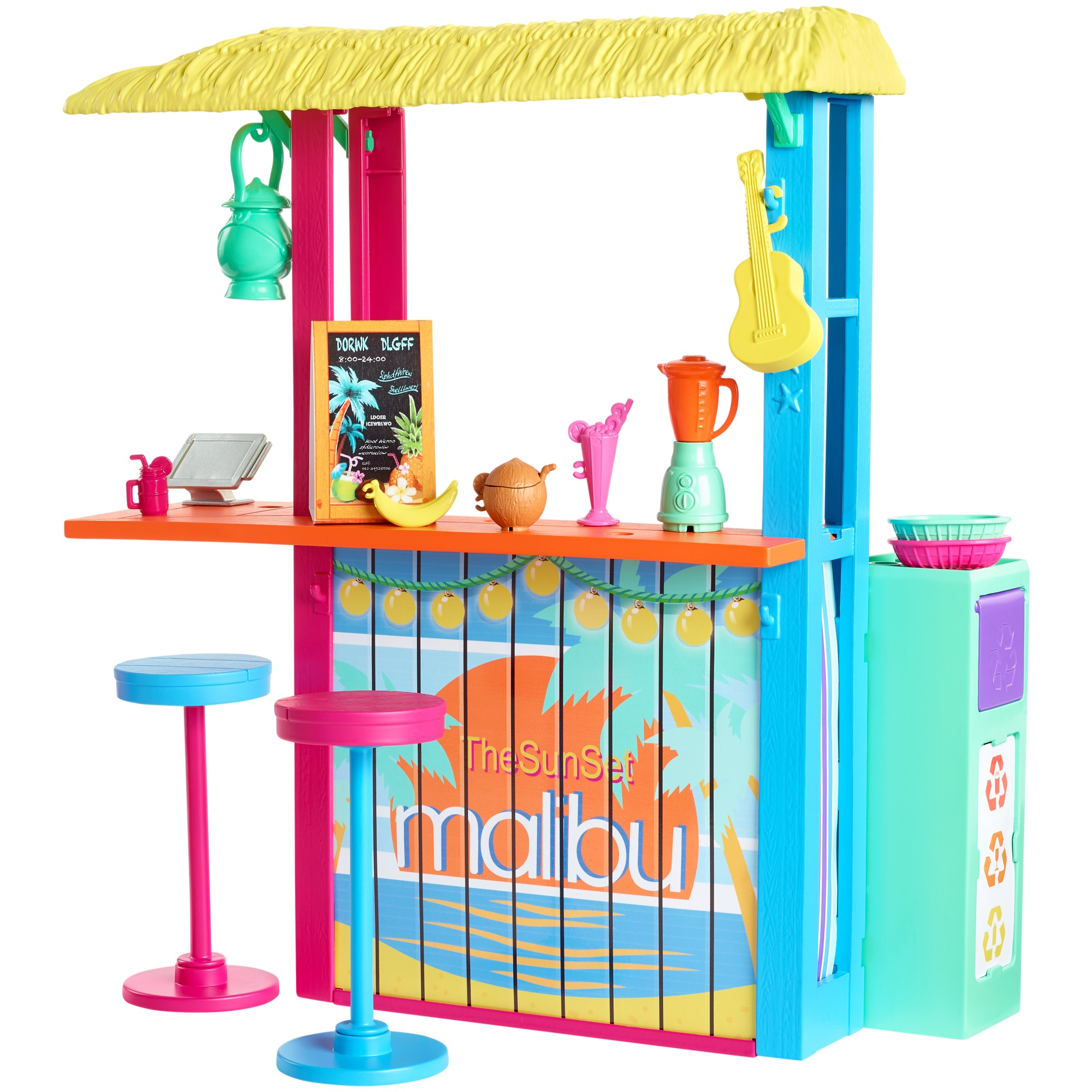 Ein Malibu Bar-Set. Pink und blau, mit Hockern, Getränken und einer Banane. Grüne und gelbe Akzente.