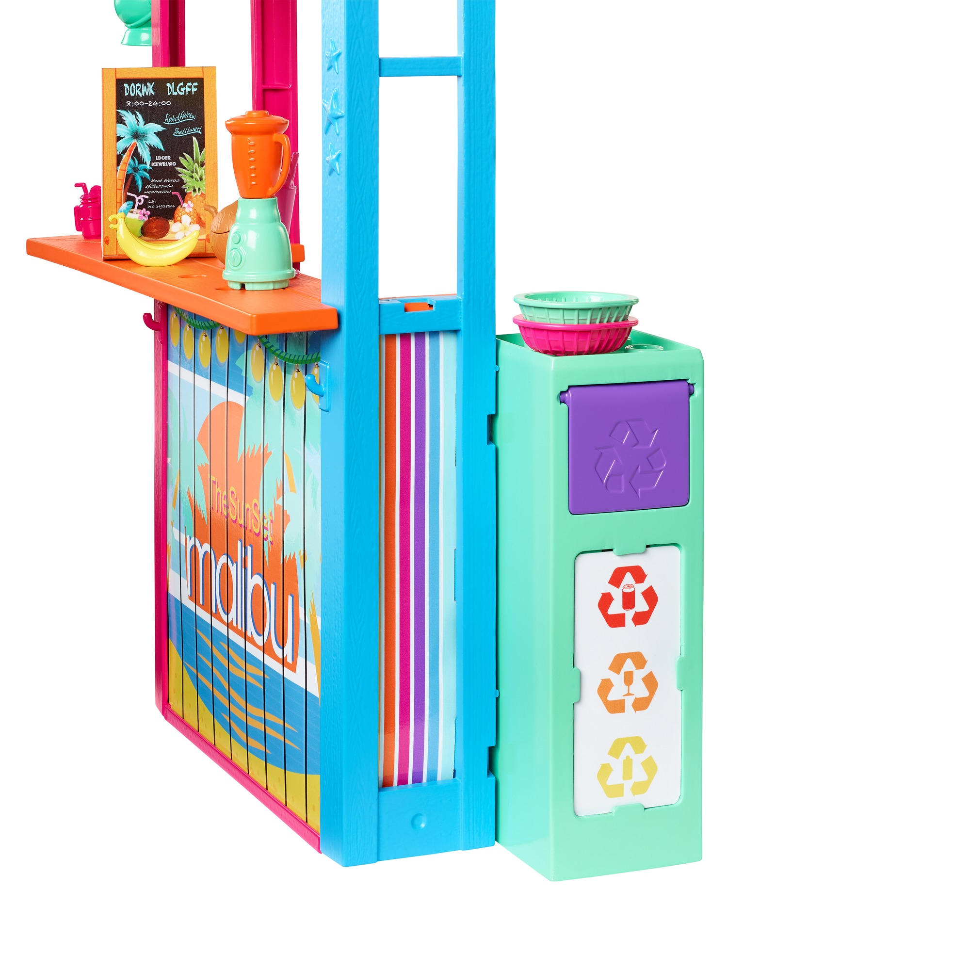 Barbie Malibu Strandbar-Spielset. Enthält eine Bar, einen Mixer und Recyclingbehälter.