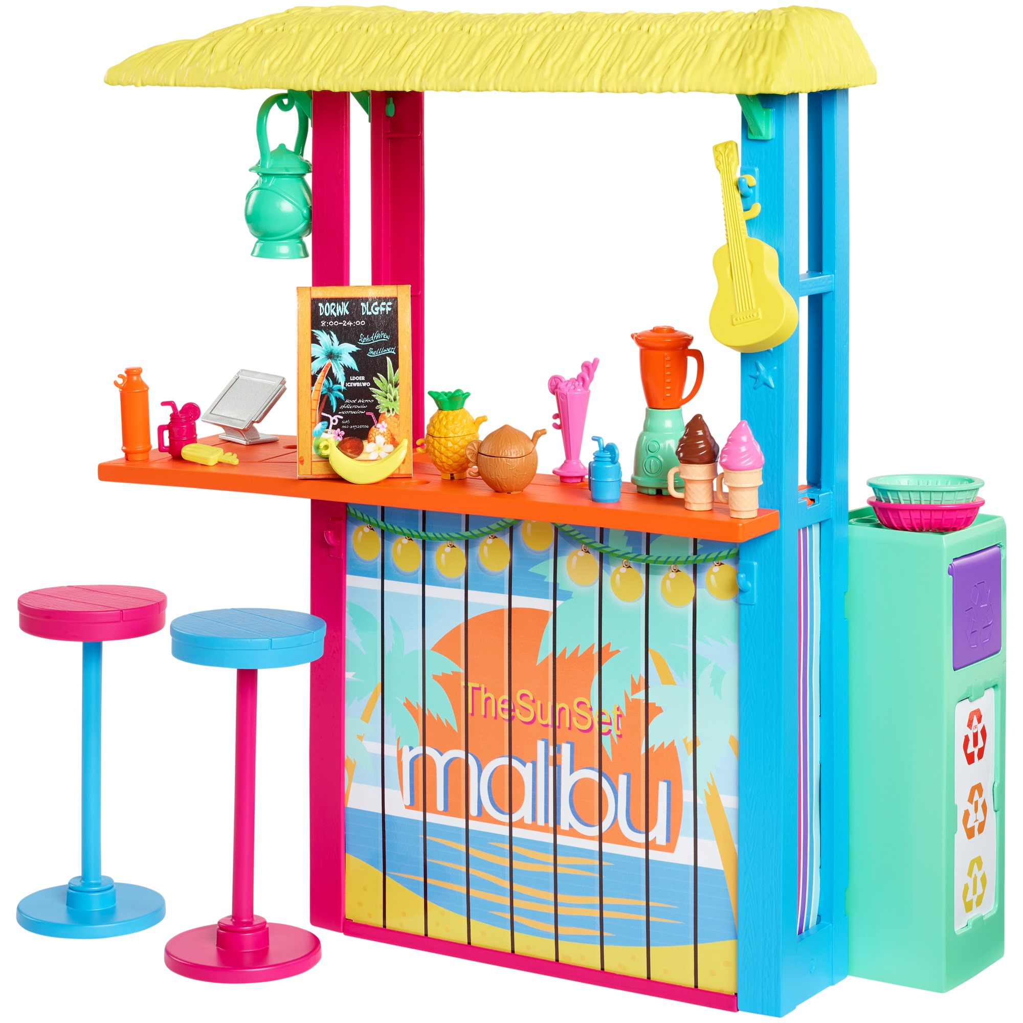 Eine bunte Malibu-Strandbar mit Hockern, Getränken und einer Speisekarte.