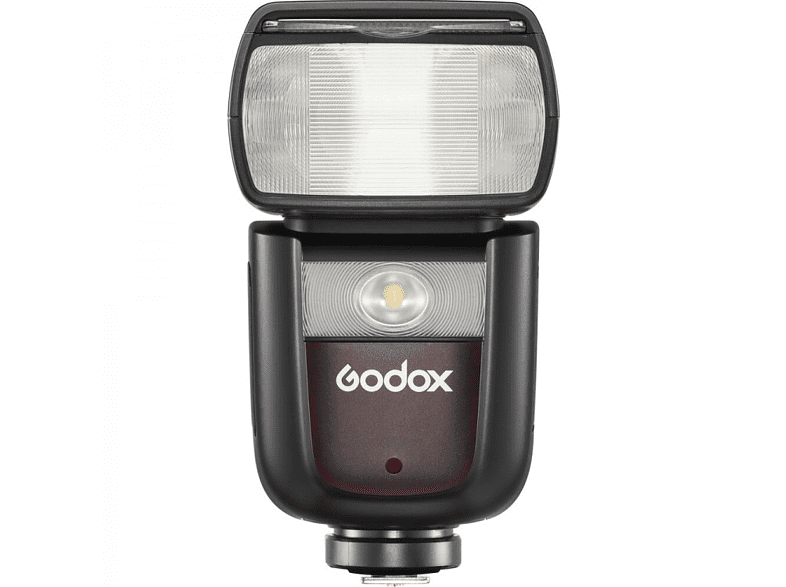 Schwarzer Godox-Blitz. Er hat einen rechteckigen Kopf, ein zentrales Licht und ein rotes GODOX-Logo.