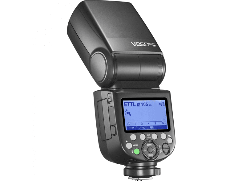 Schwarzer Kamera-Blitz mit Digitalanzeige. Tasten und Einstellungen sichtbar. Modell Godox V860IIIc.