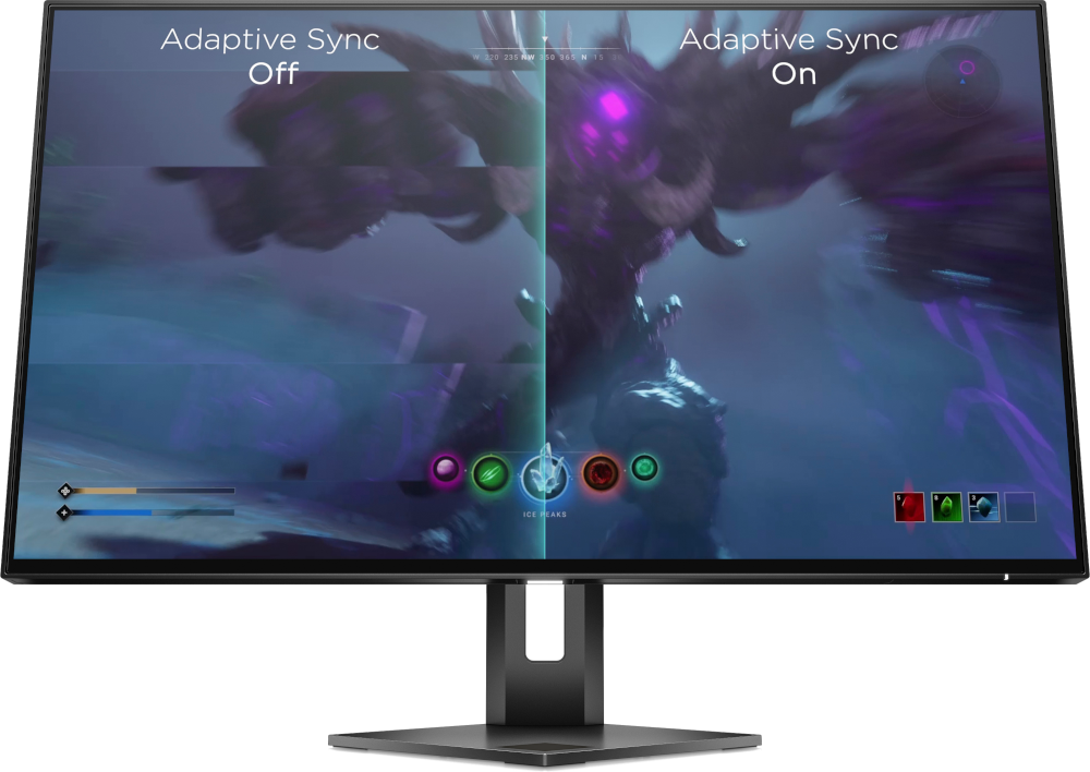 Computermonitor met een gesplitst scherm met de game scene 'Adaptive Sync Off' en 'Adaptive Sync On'.