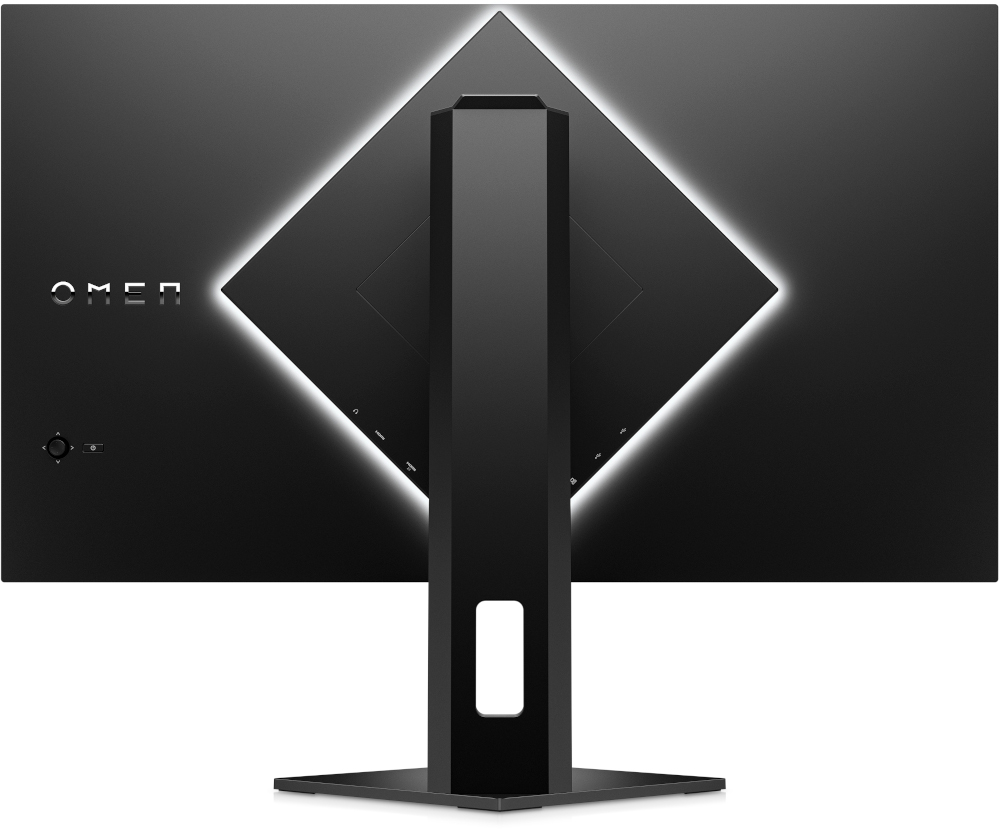 Achterkant van een zwarte computermonitor, met standaard en een diamantvormig licht.