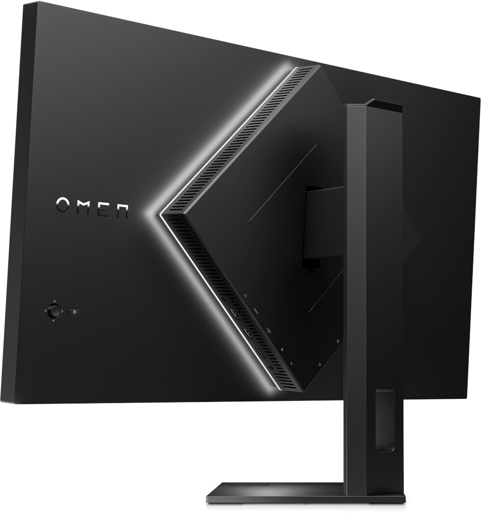 Achteraanzicht van een zwarte computermonitor met een geometrisch ontwerp en een standaard.