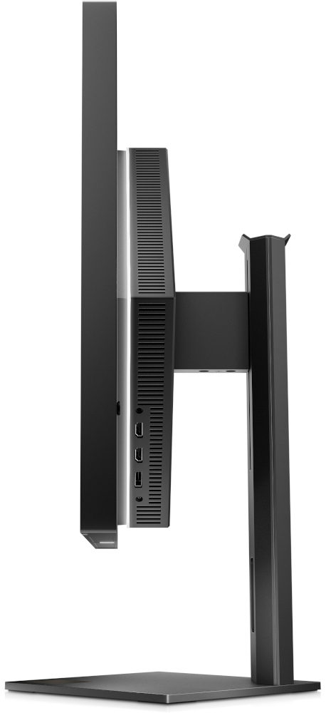 Zijaanzicht van een zwarte monitor met poorten, een standaard en een beeldscherm.