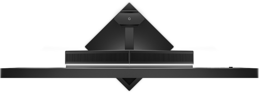 Een zwarte monitorvoet met een uniek ontwerp, met de onderkant en achterkant van de monitor.