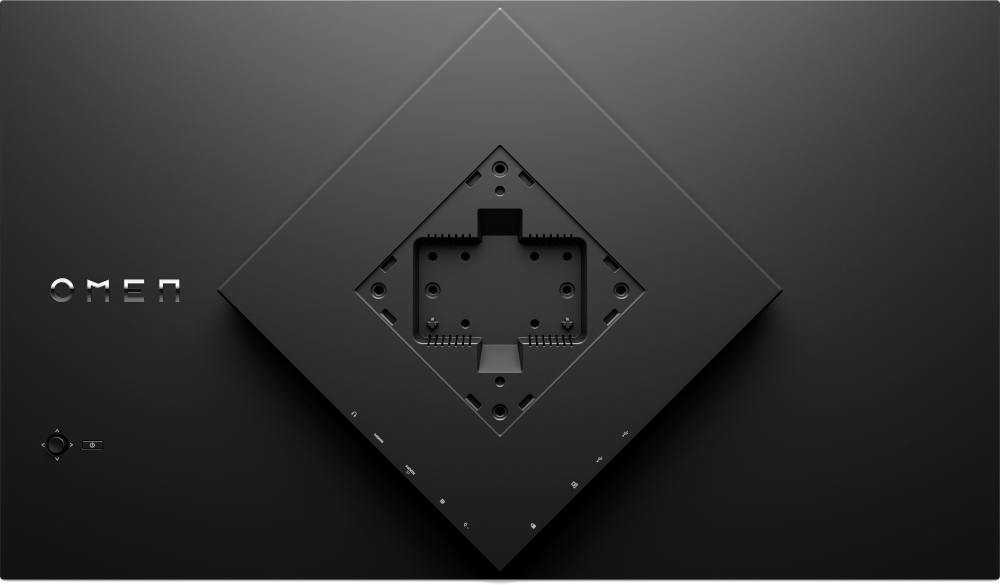 Zwart OMEN desktop achterpaneel met het steunbevestigingsgebied zichtbaar.