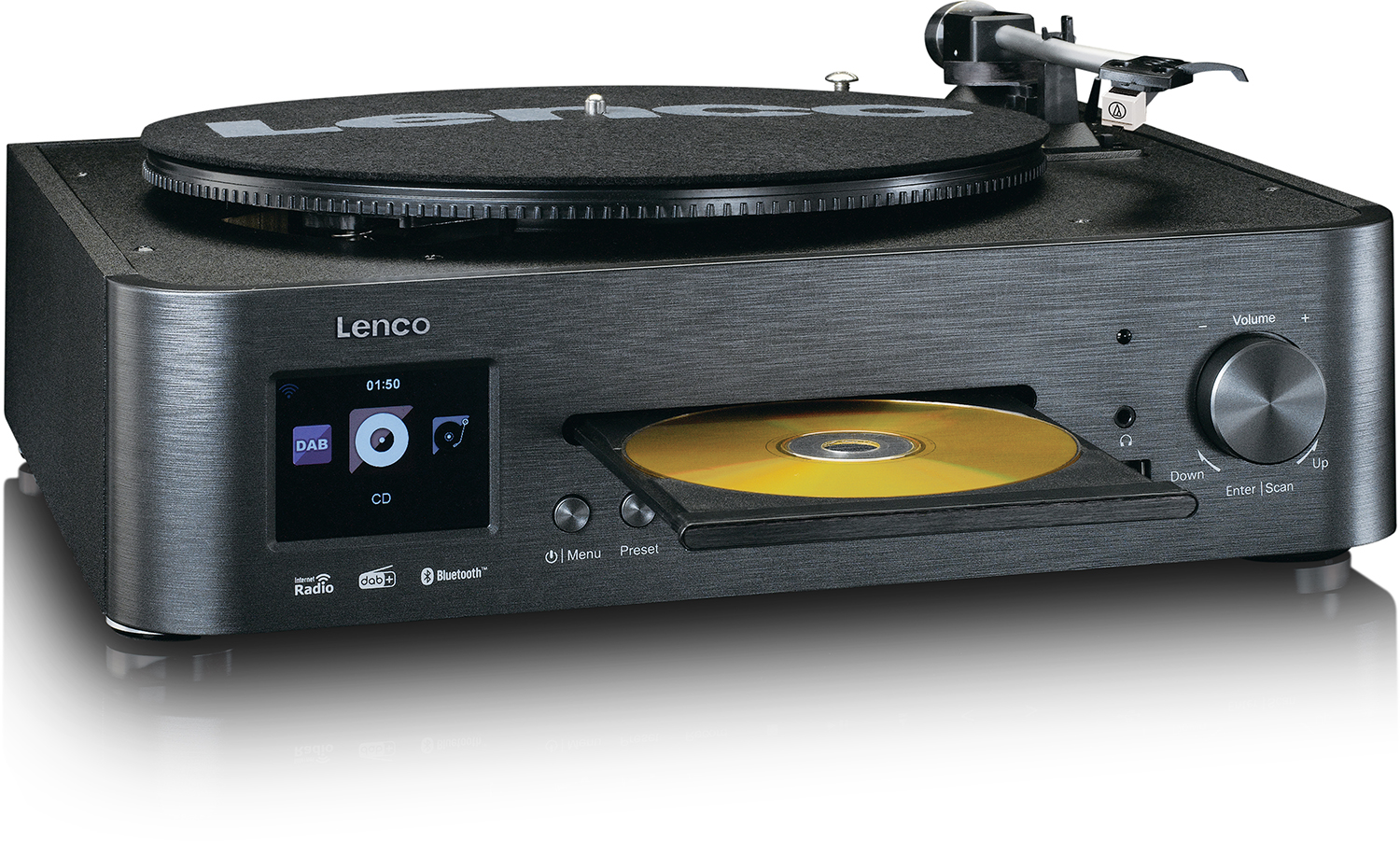Zwarte Lenco platenspeler met een cd-sleuf, knoppen en een beeldscherm.