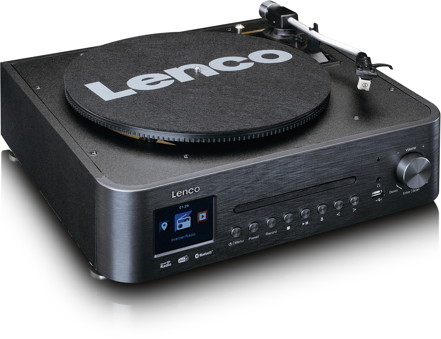 Een Lenco platenspeler met een digitaal display.