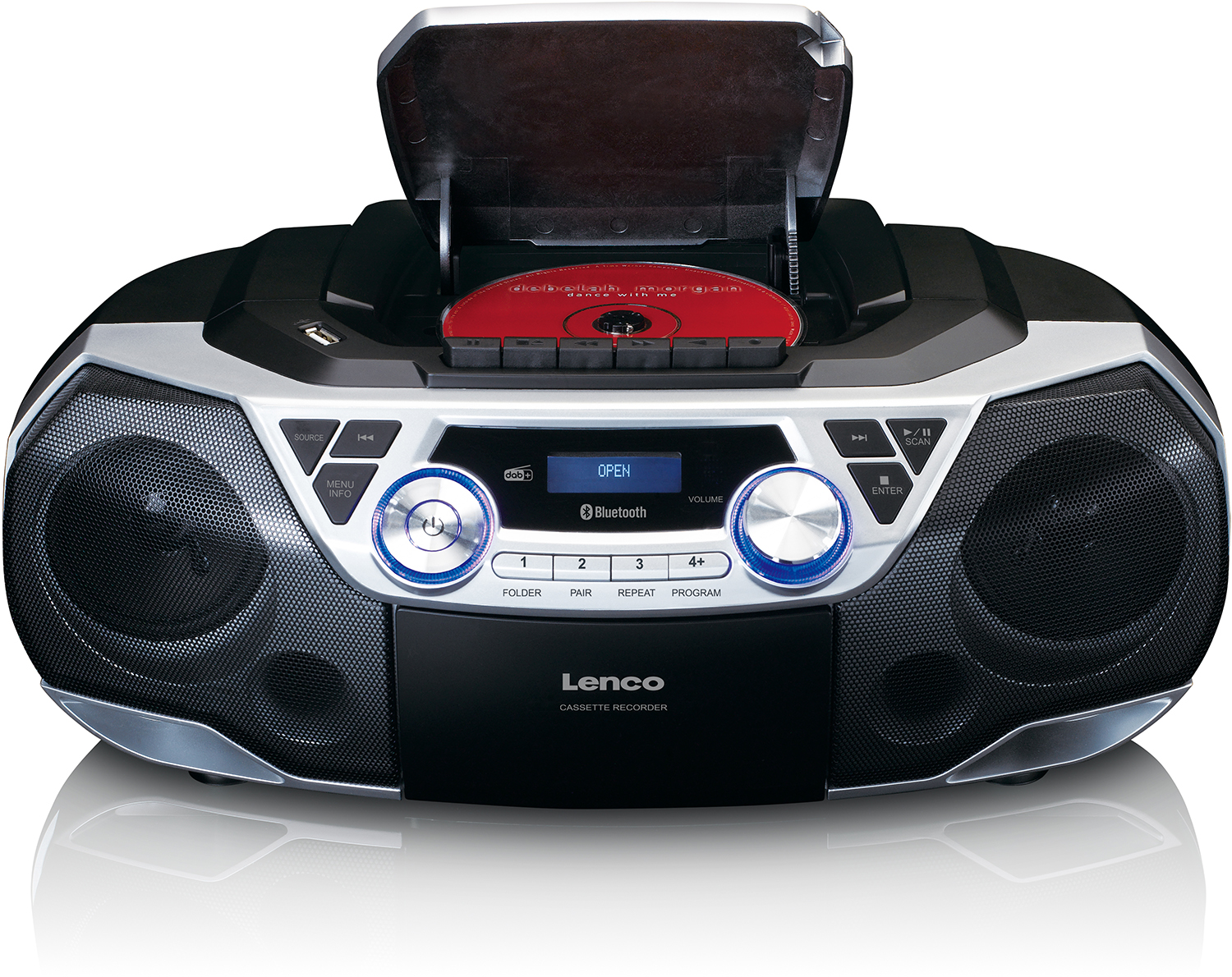 Black and silver Lenco boombox with CD player.  Features speakers, buttons, and a visible red CD inside the open tray.
