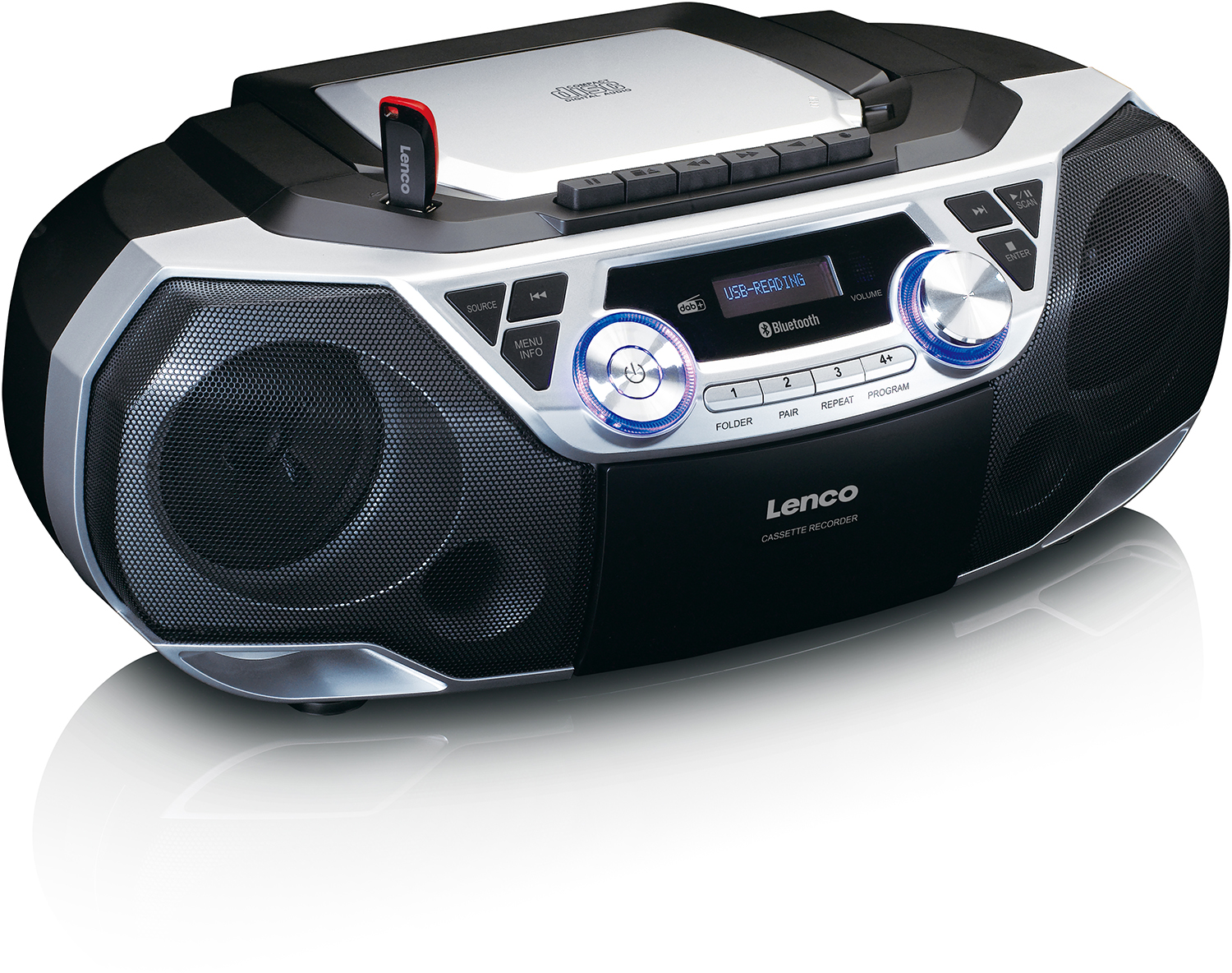 Black and silver boombox, CD player on top, with USB port and Bluetooth display, Lenco.