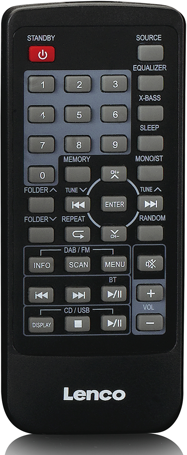 Black remote control with buttons. Features buttons for volume, menu, and other functions.