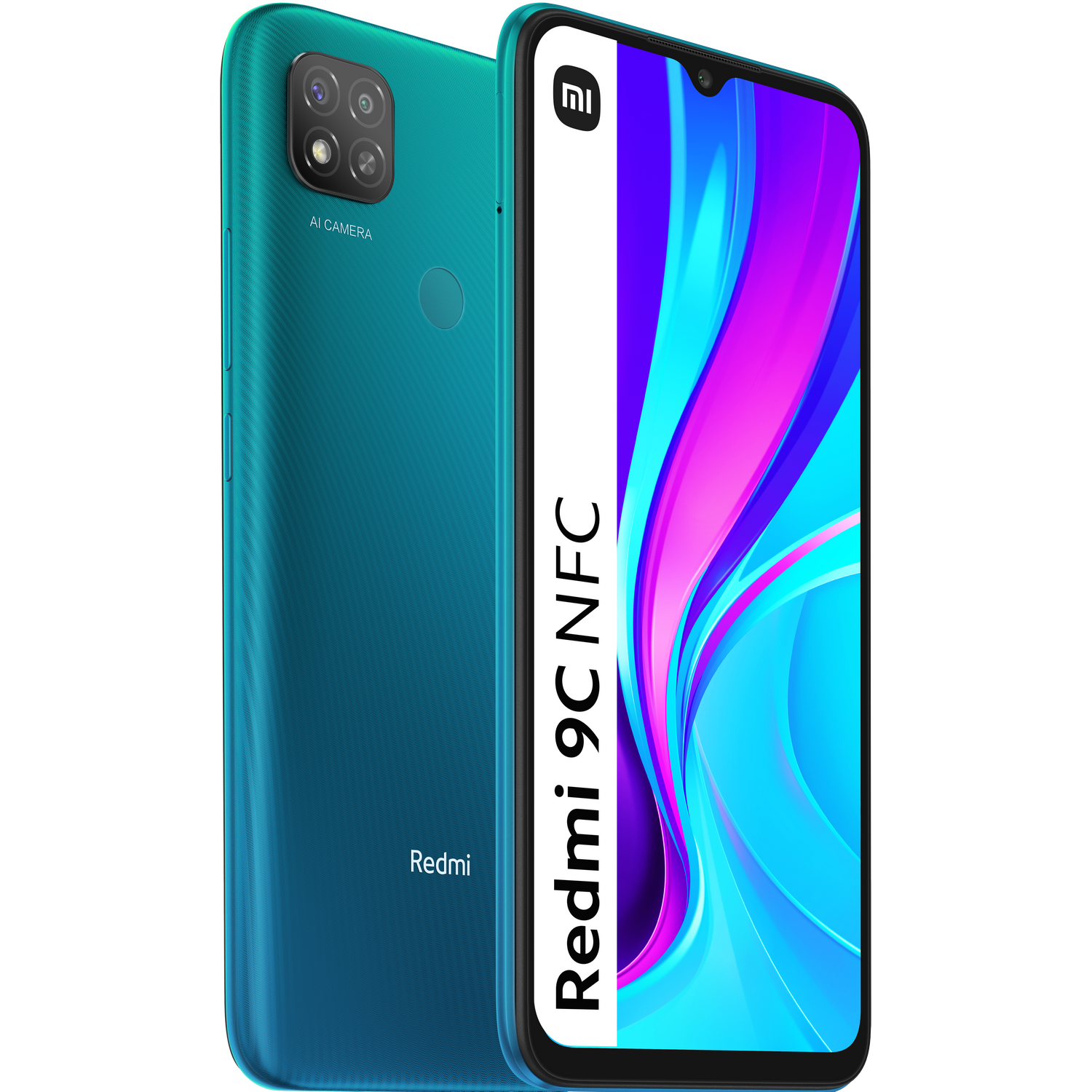 Smartphone turquesa. Dos teléfonos visibles. Cámara y logotipo NFC en la parte trasera. Fondo blanco.