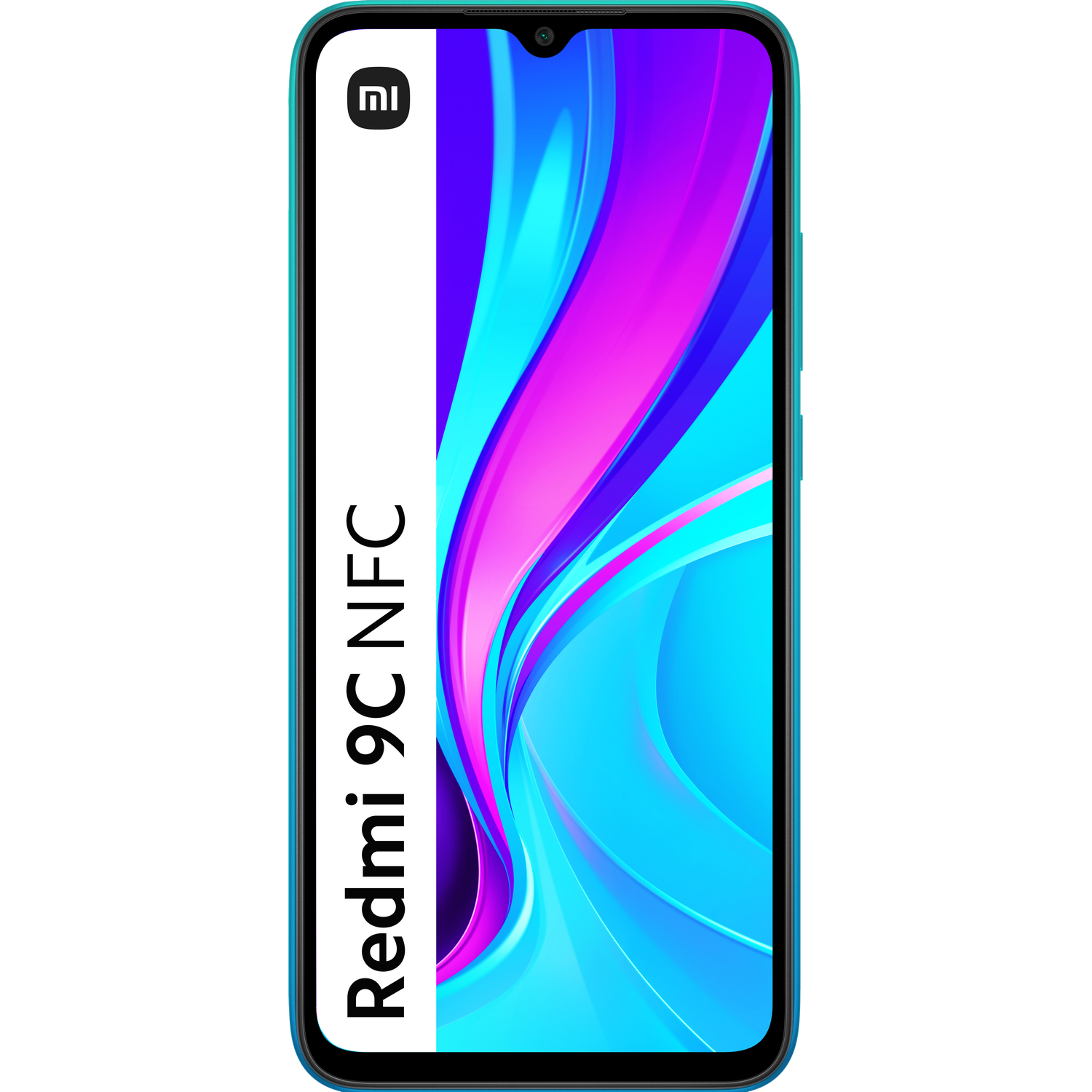 Un teléfono turquesa Redmi 9C NFC con una barra blanca y las palabras Redmi 9C NFC.