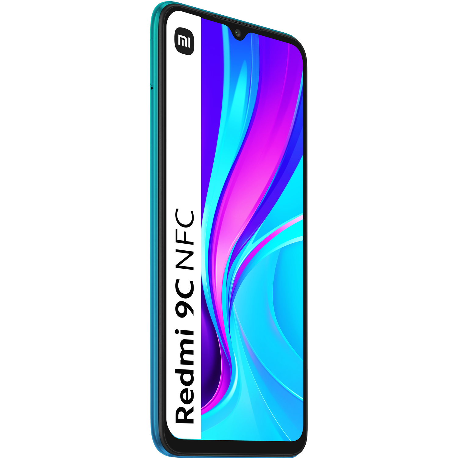 Un teléfono inteligente turquesa con una pantalla grande, y las palabras Redmi 9C NFC escritas en su lado.