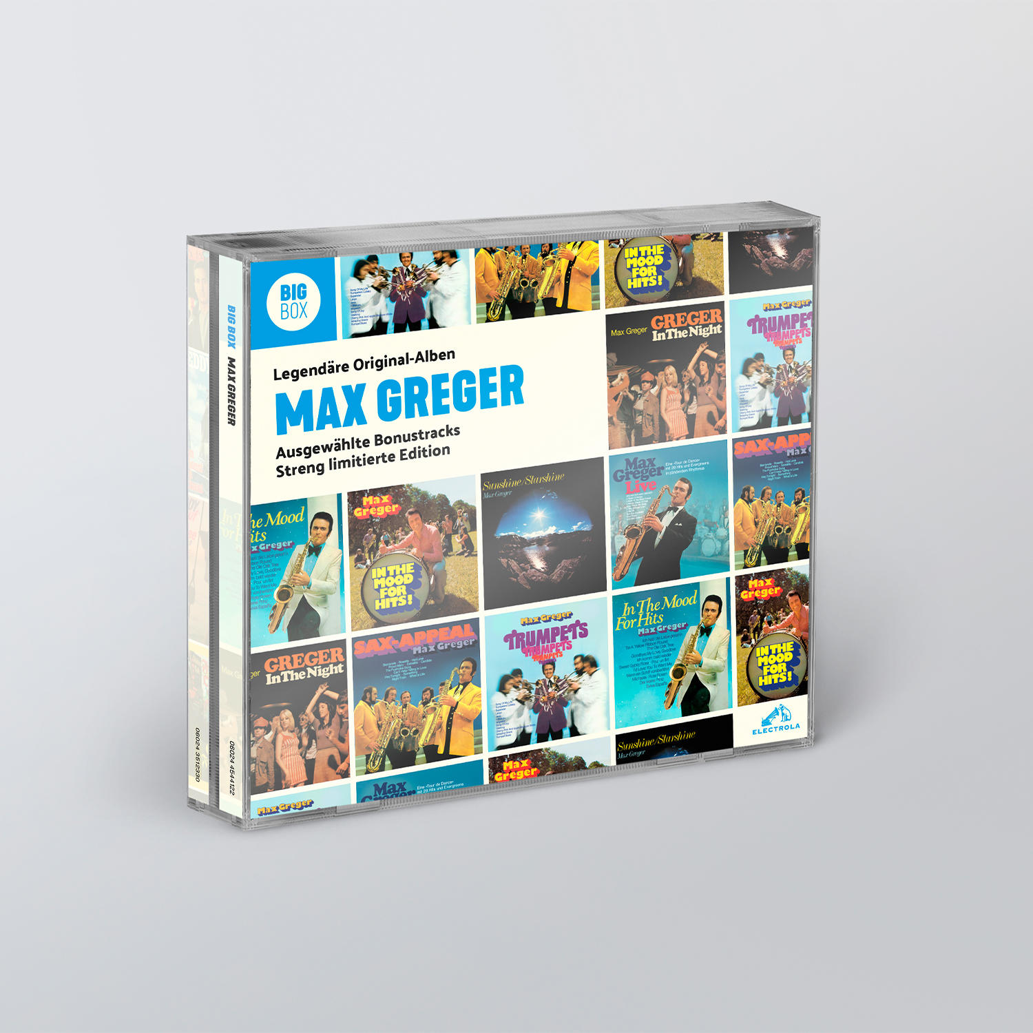 Eine CD-Box mit mehreren Albumcovern von Max Greger, einer deutschen Band, wird angezeigt. Die Cover haben verschiedene Farben und Designs.