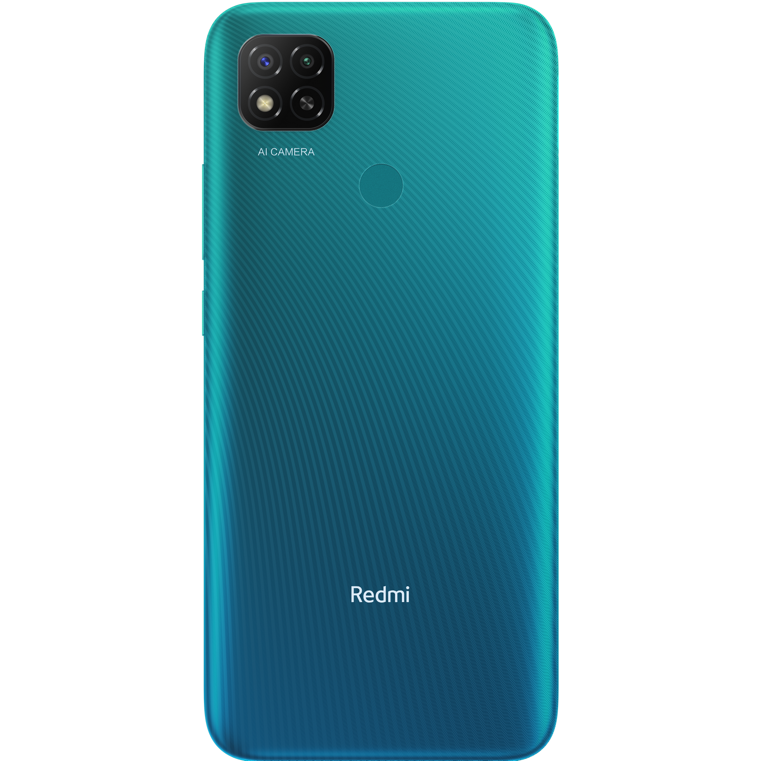 Un teléfono de color turquesa con un grupo de cámaras y la palabra 'Redmi' atrás.
