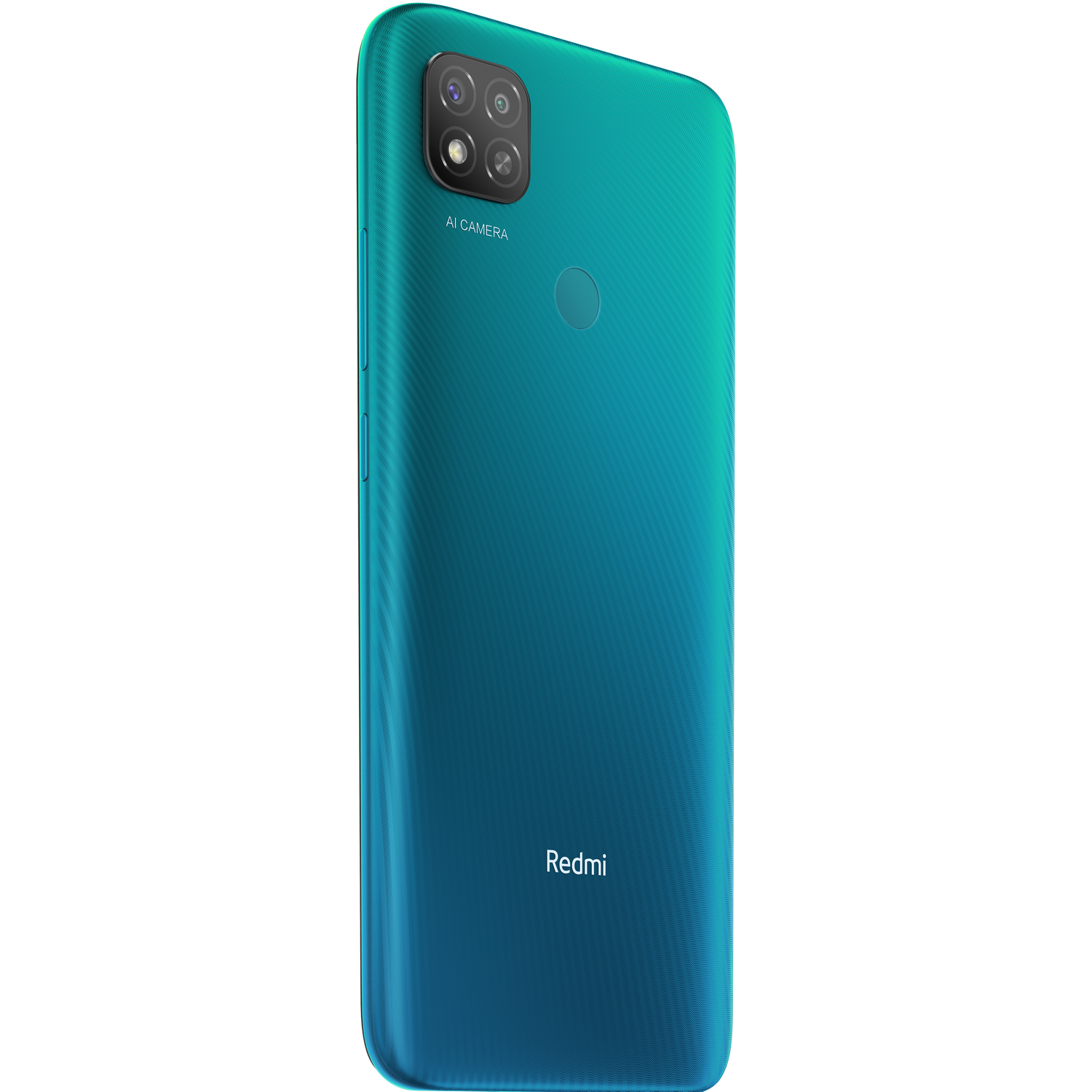 Un smartphone turquesa con el logo Redmi en la parte trasera, módulo de cámara negro.