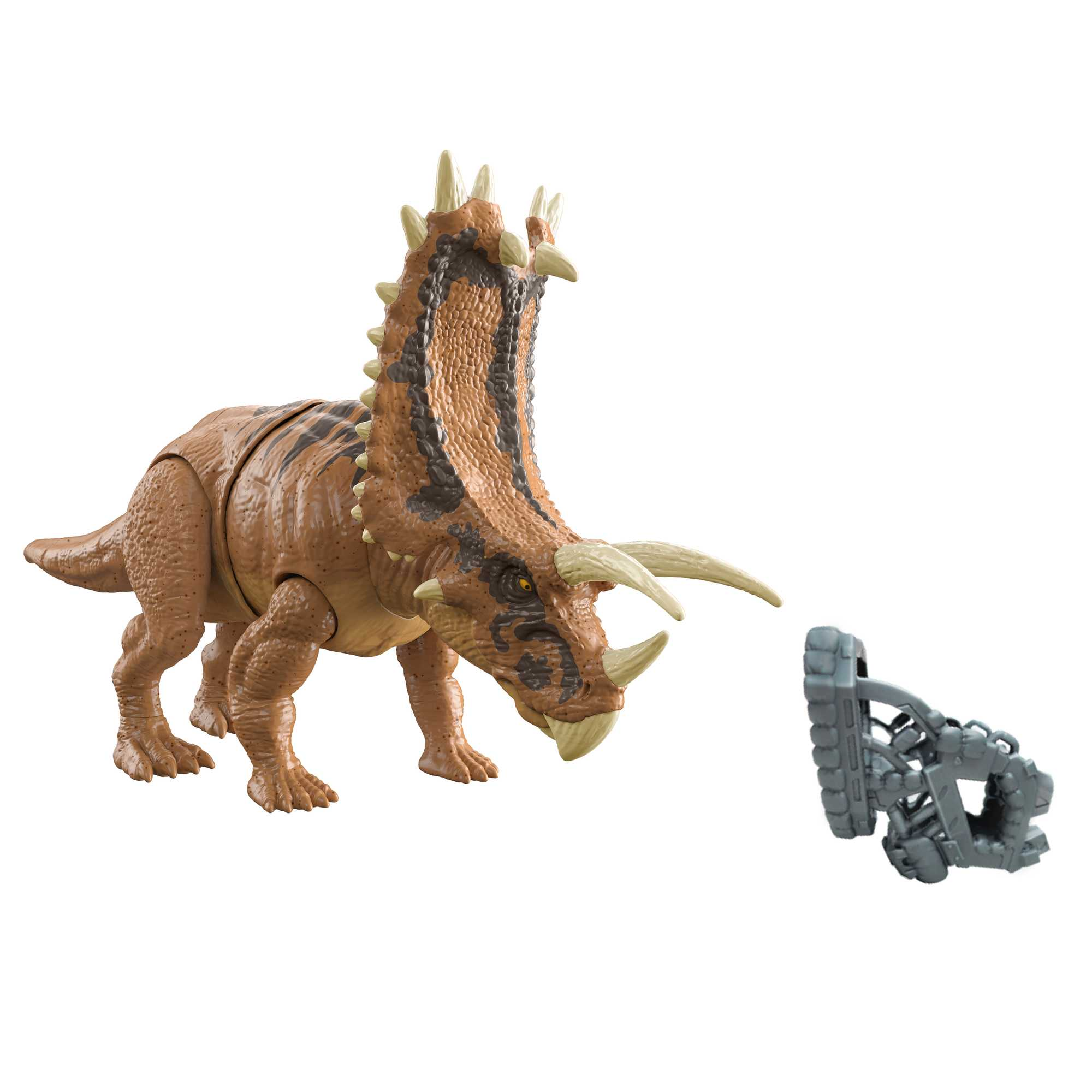 Ein braunes Dinosaurier-Spielzeug mit Hörnern und eine graue Struktur daneben.