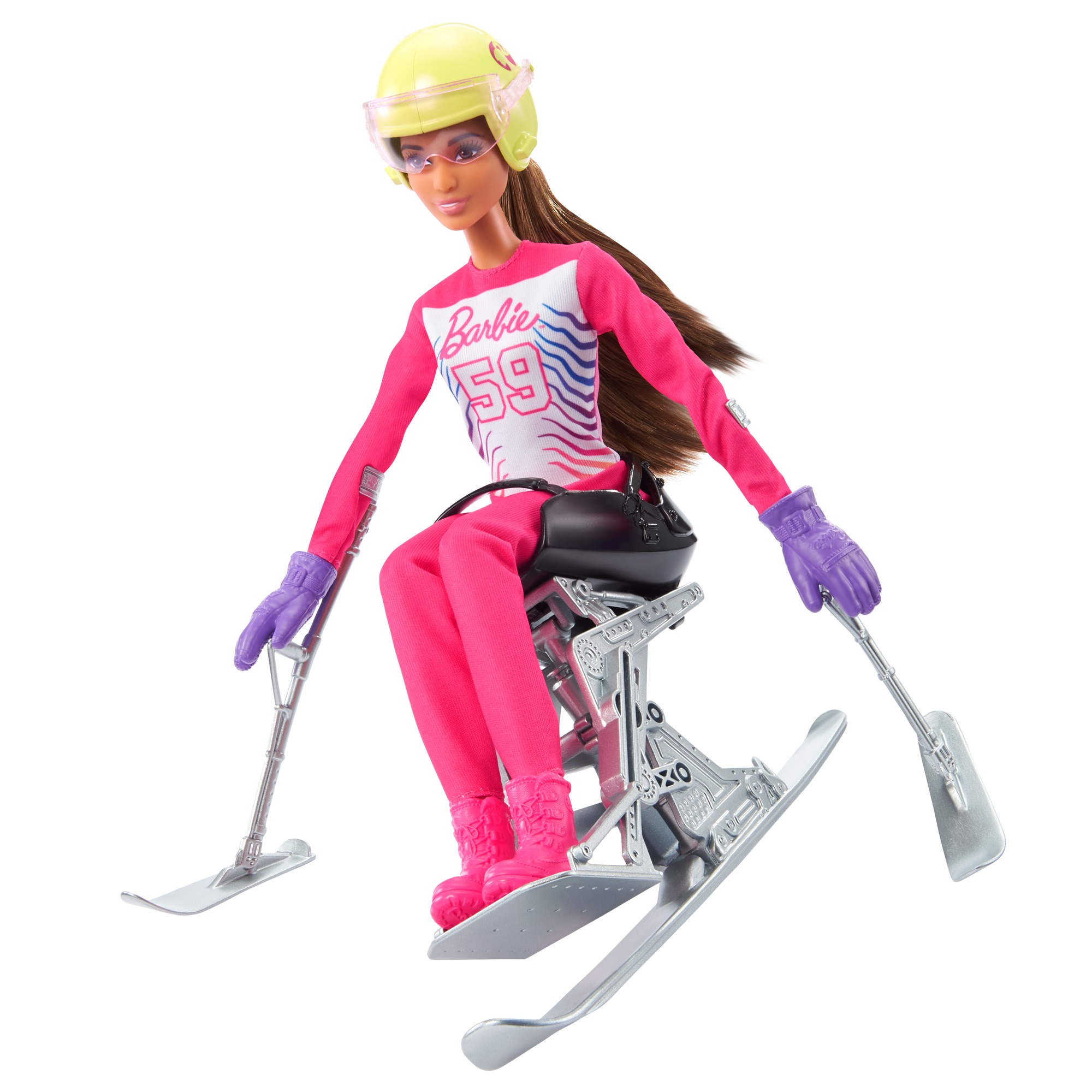 Barbie-Puppe auf Skiern, trägt rosa Outfit, gelben Helm und lila Handschuhe.
