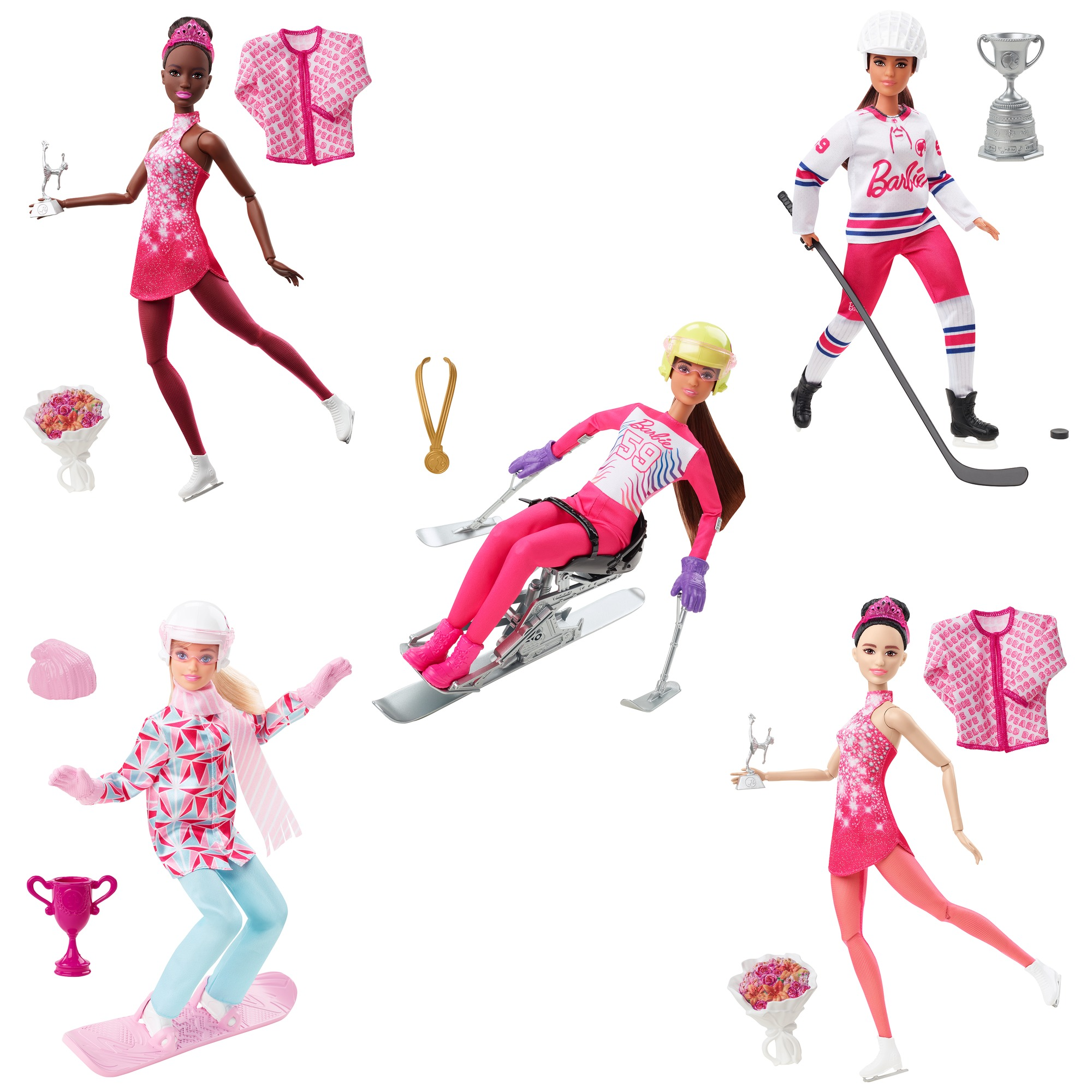 Sechs Barbie-Puppen in Sportkleidung mit Zubehör. Jede Puppe repräsentiert eine andere Sportart.