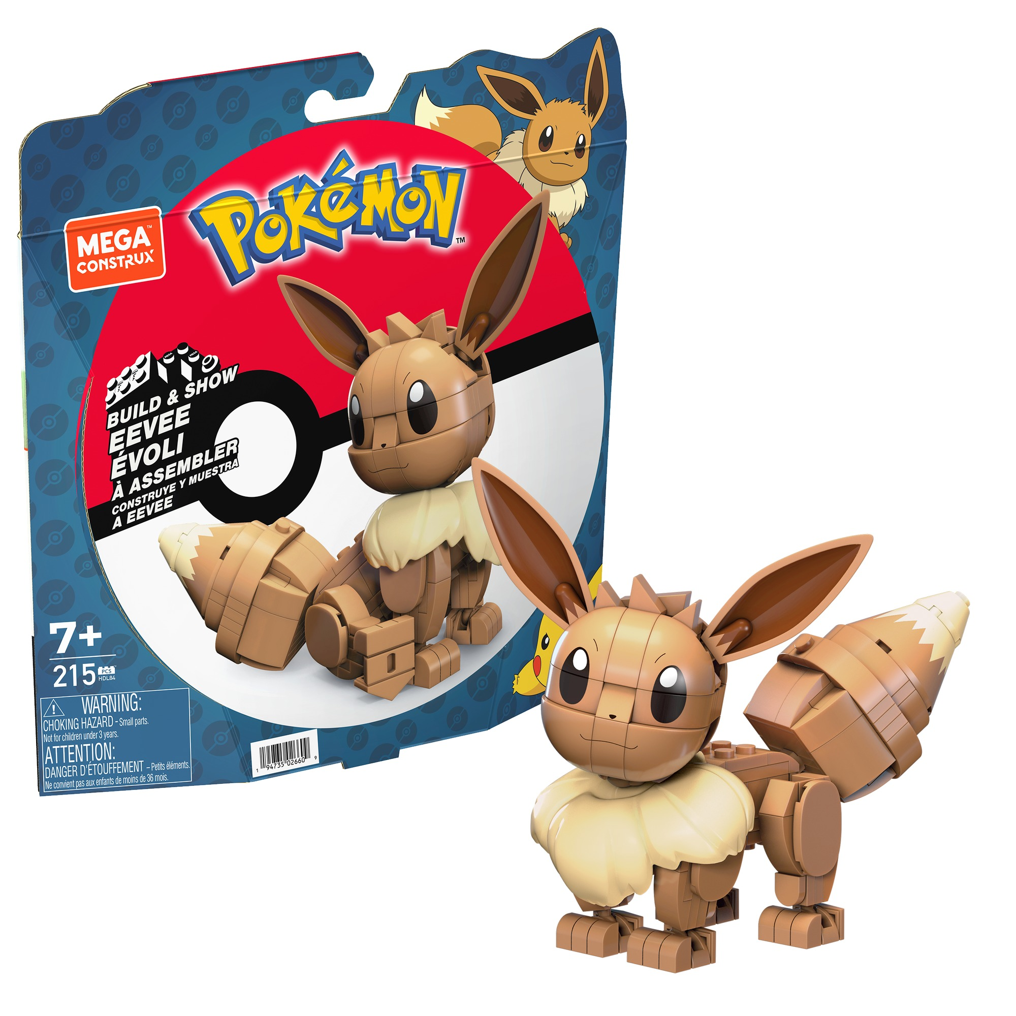 LEGO Evoli-Modell mit Verpackung. Eine braune und beige Pokémon-Figur.