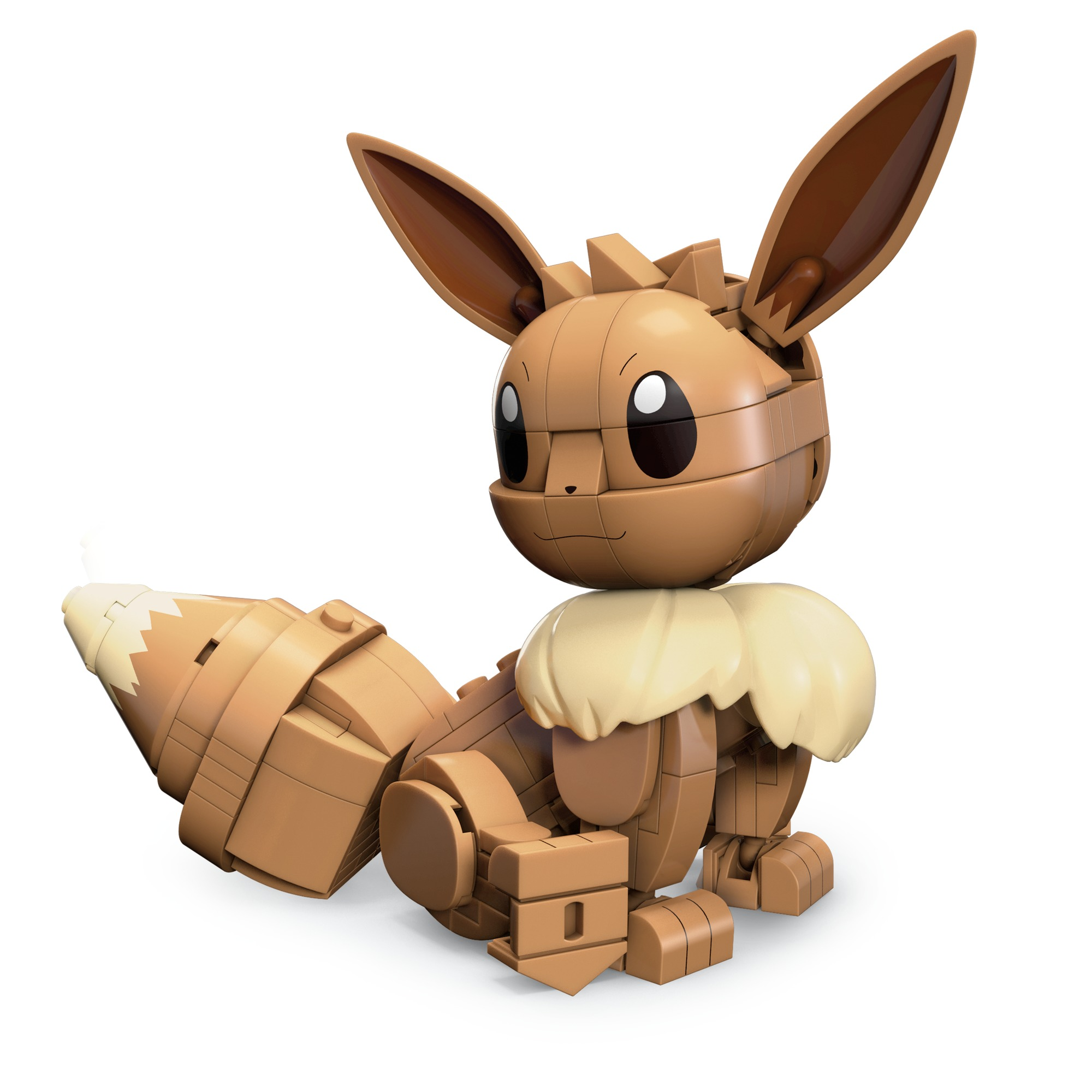 Eine braune Lego-Eevee-Figur, zusammengebaut aus kleinen Steinen, in sitzender Position, mit großen Ohren.