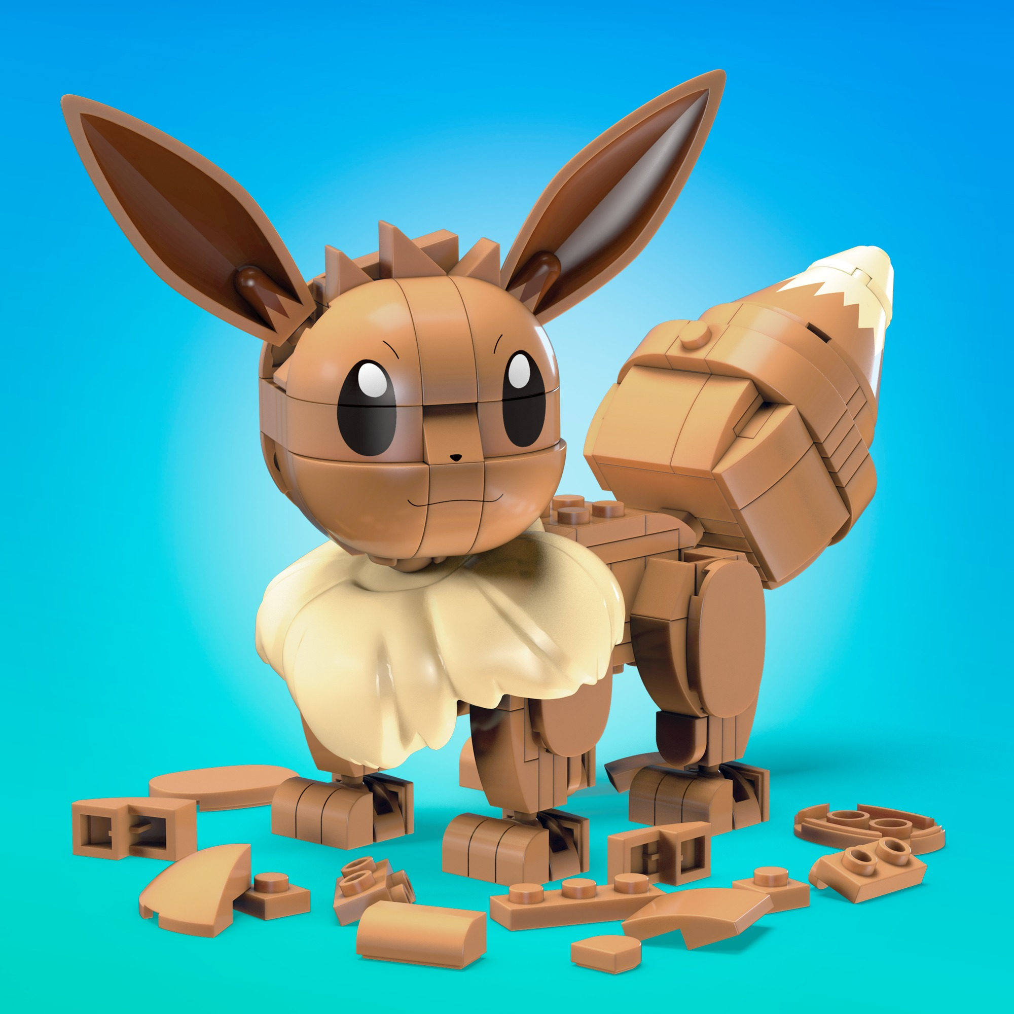 Eevee Pokémon Figur. Brauner Körper, beiger Kragen, braune Ohren. Blauer Hintergrund.