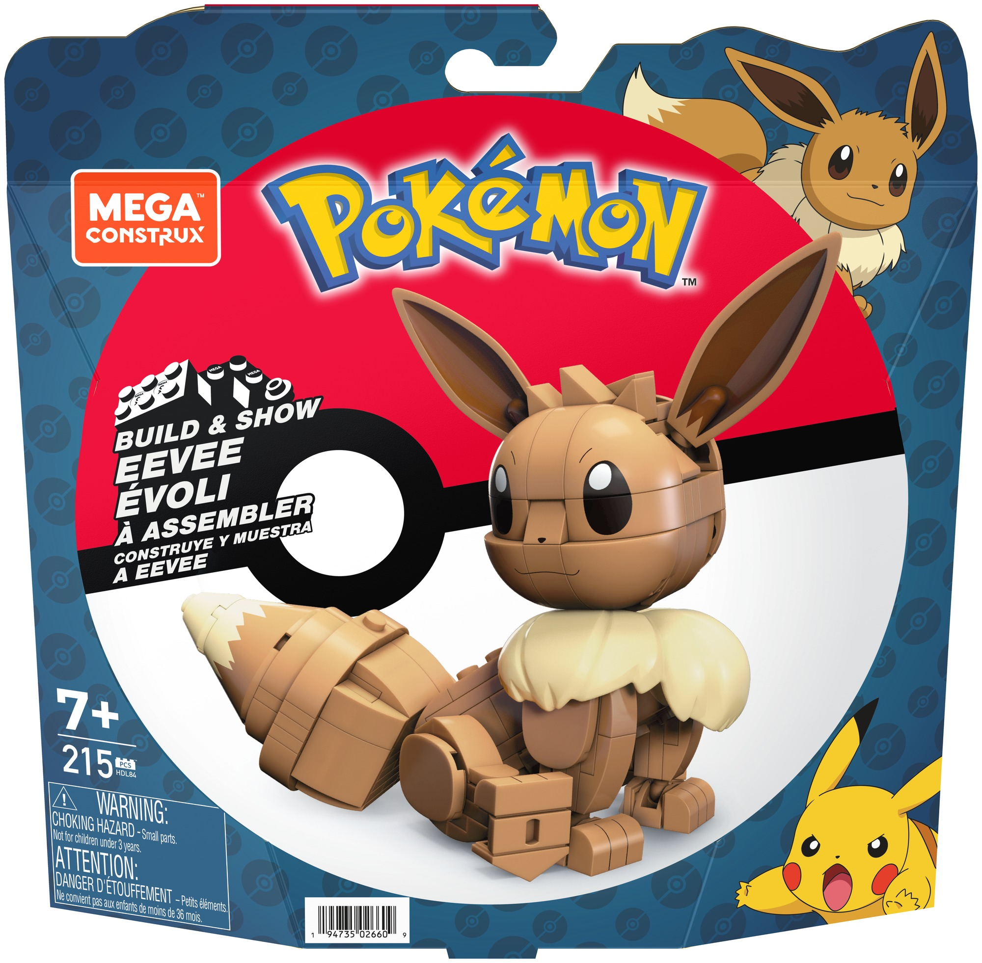 Eine Pokémon Eevee Build-and-Show-Set-Box. Die Box zeigt das Eevee-Modell und Pikachu, mit Bauanleitungen.