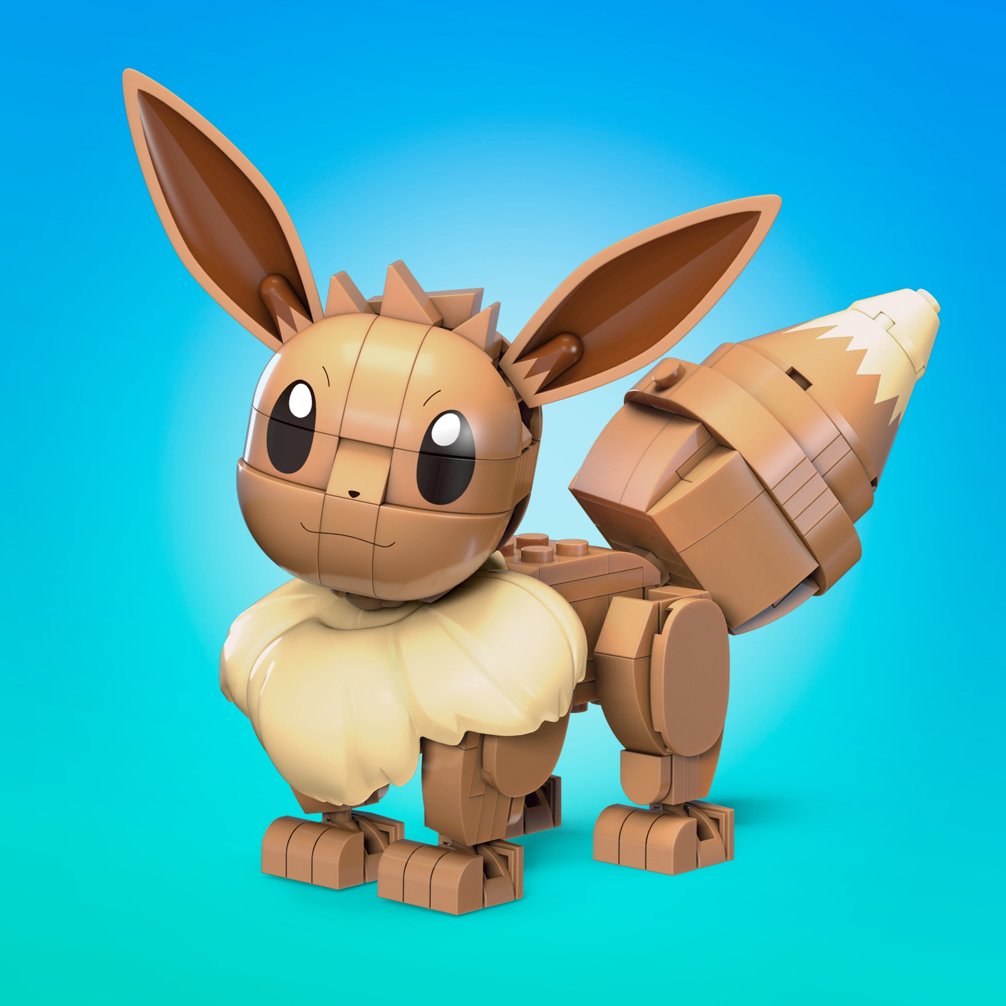 Eine Lego-Eevee-Figur auf blauem Hintergrund. Es ist braun mit einem cremefarbenen Fellkragen.