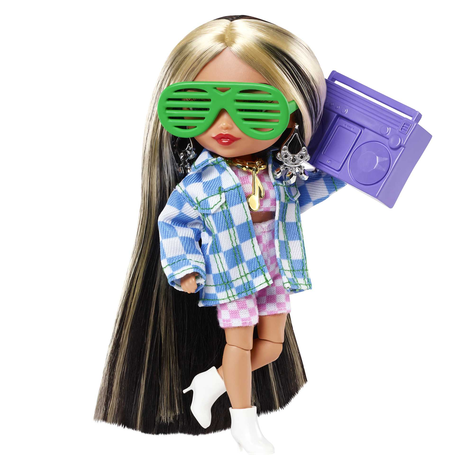 Modepuppe mit grüner Brille, hält eine lila Boombox.
