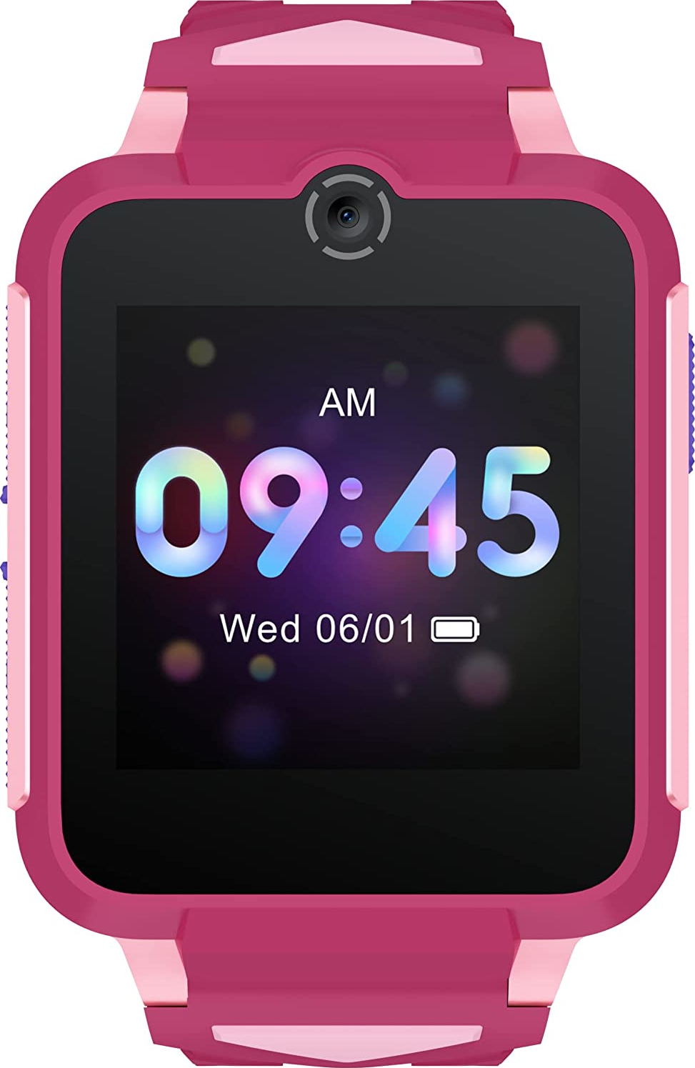 Smartwatch rose avec un écran affichant l'heure et la date.
