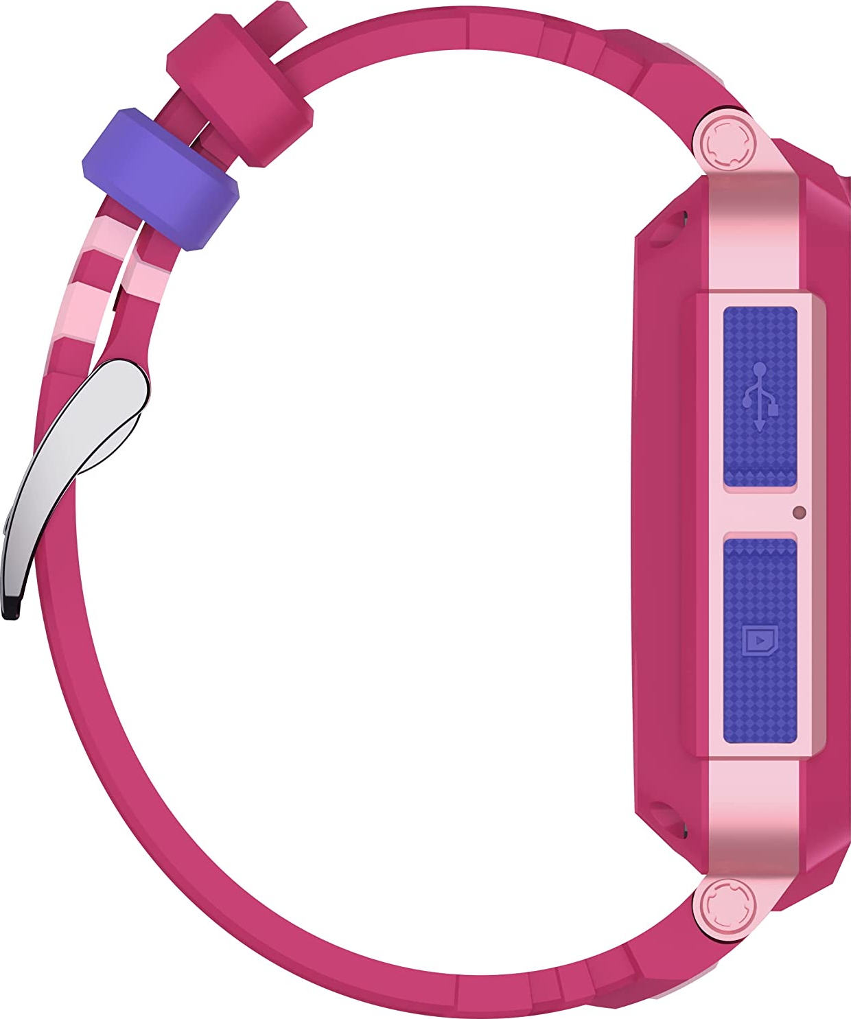 Une smartwatch rose avec un bracelet violet et rose. Il est incliné pour montrer le côté avec les boutons.