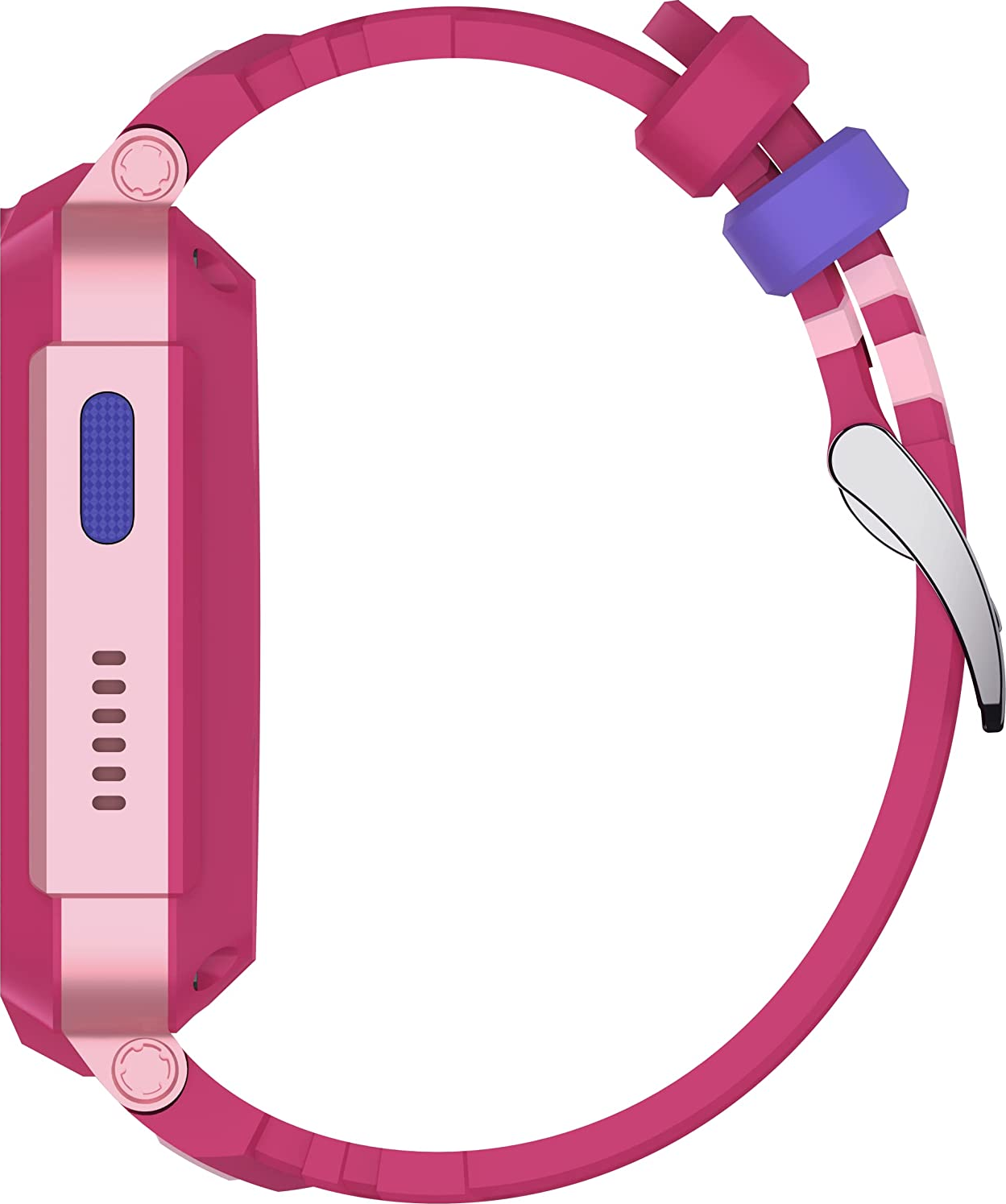 Smartwatch rose pour enfants. Montre une vue latérale avec bracelet rose et bouton bleu.
